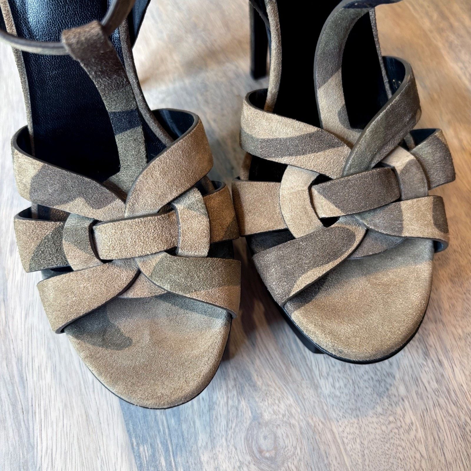Saint Laurent Paris Yves Saint Laurent Camo Green Suede Tribute Heels Size 7.5 Size US 7.5 / IT 37.5 - 7 Thumbnail
