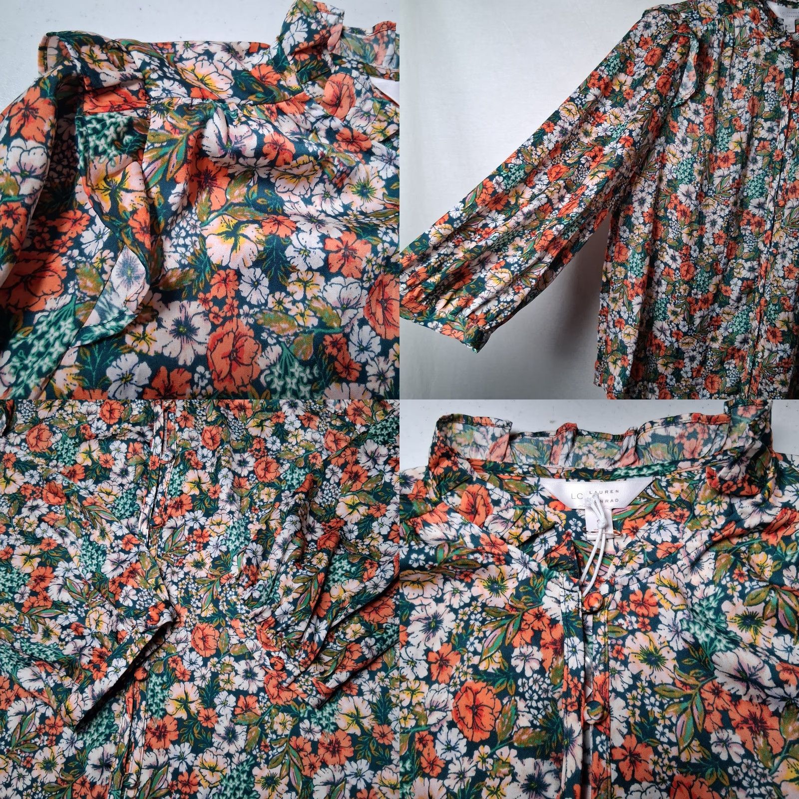 Vintage LC Lauren Conrad Blouse Small Green Peach Floral Button Front Ruffle Boho Country Casual Womens Regular Short? Size S / US 4 / IT 40 - 9 Thumbnail