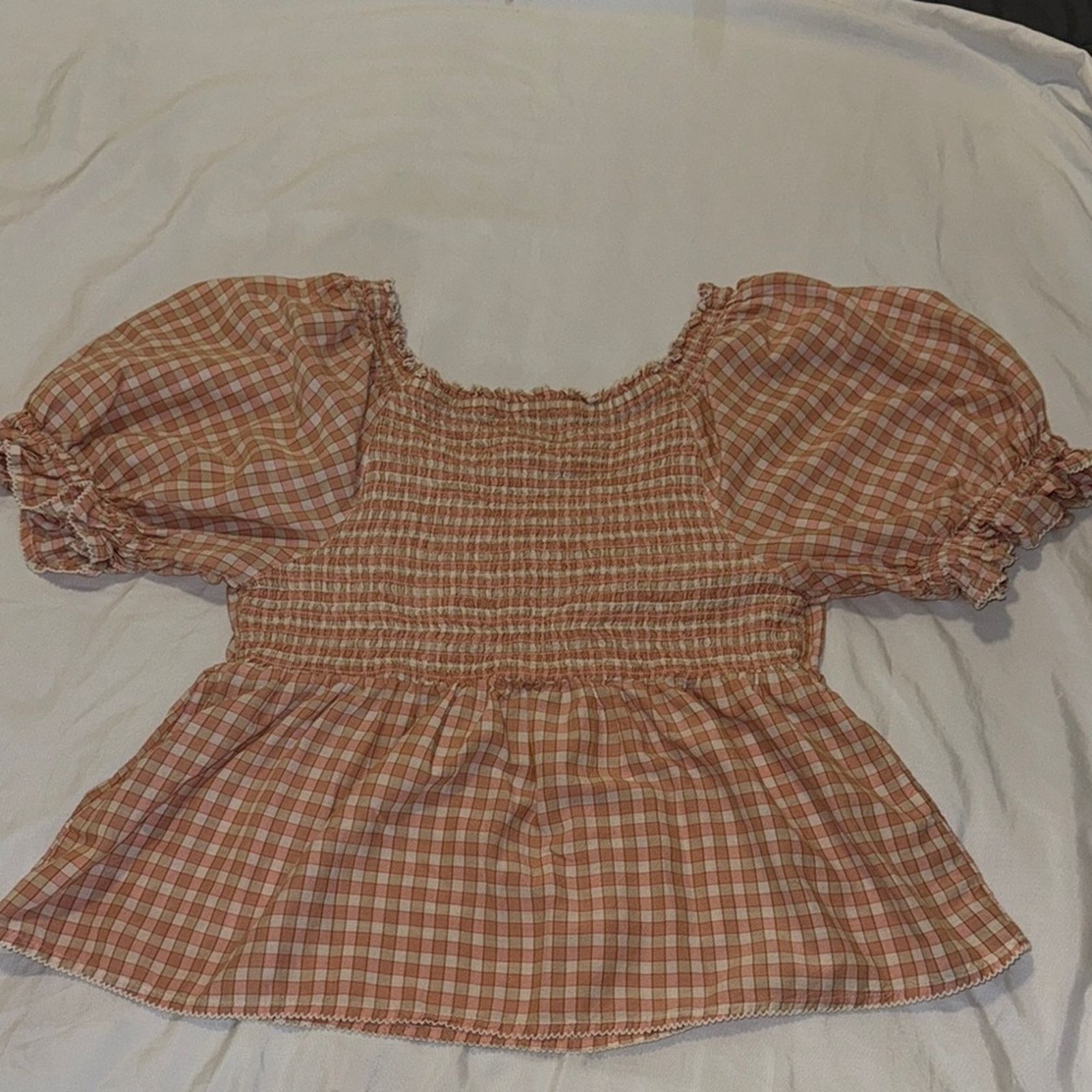 Old Navy Old Navy Checkered Peasant Blouse – Puff Sleeve, Size L Size L / US 10 / IT 46 - 6 Thumbnail