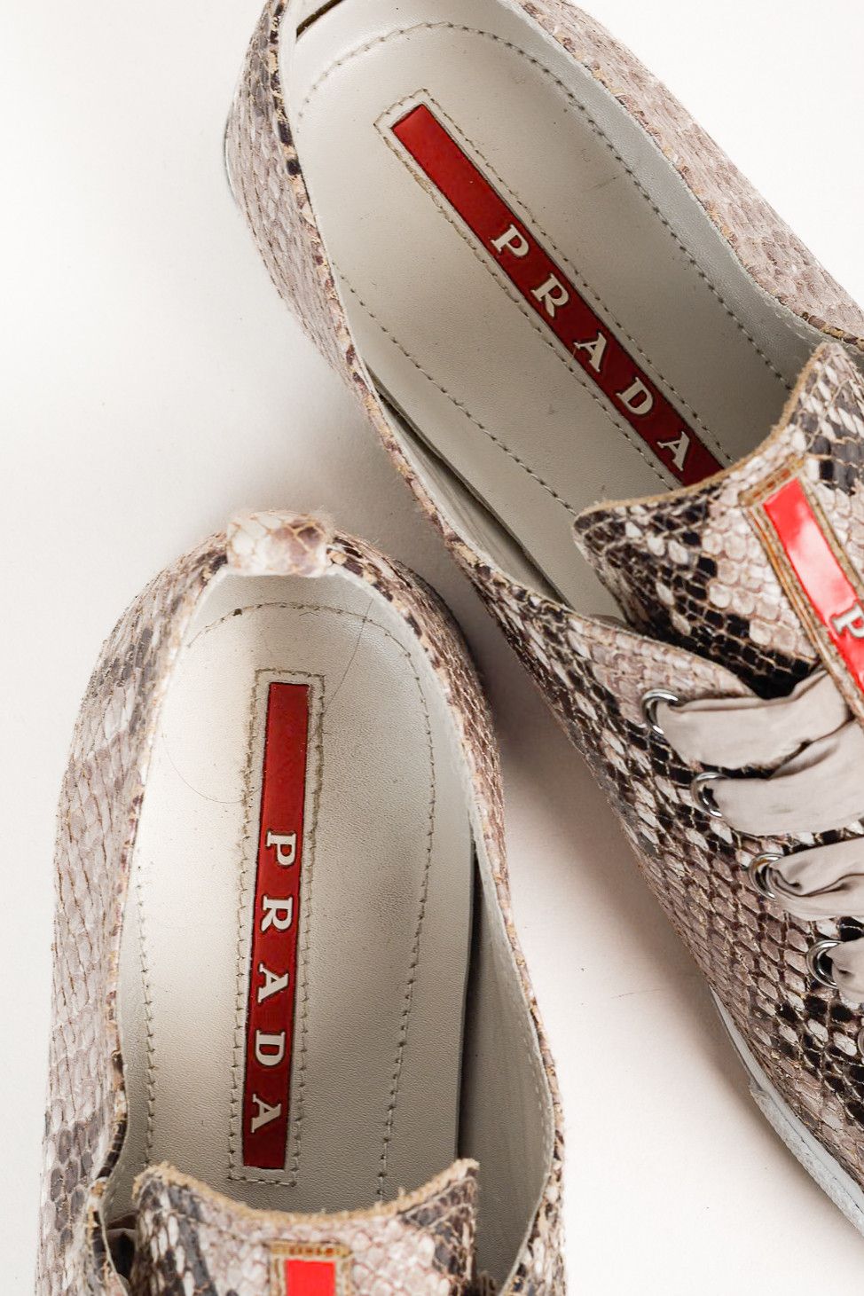 Prada Prada Red Label Taupe Snake Print Satin Ribbon Tied Sneakers Size US 7.5 / IT 37.5 - 10 Thumbnail