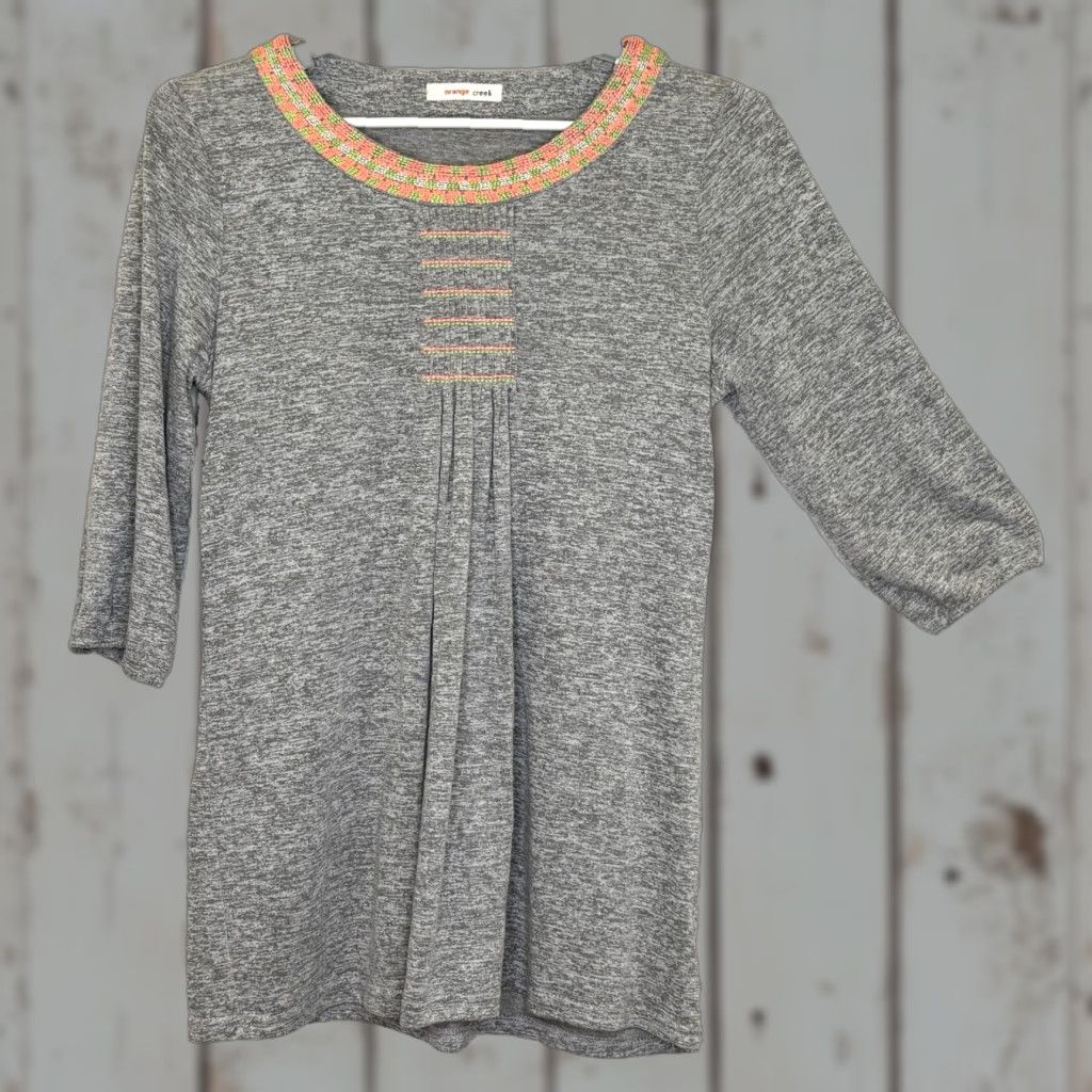Vintage VINTAGE Orange Creek Tunic Top Womens Size Medium Gray 3/4 Sleeve Round Neck Pleat Front Cotton Blend Size M / US 6-8 / IT 42-44 - 1 Thumbnail