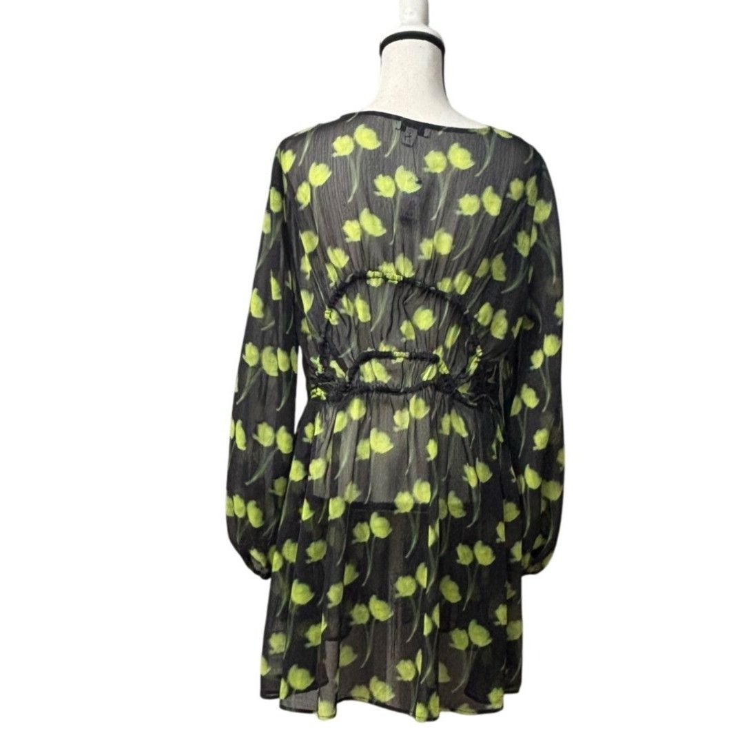 Topshop Topshop Floral Ruched Long Sleeve Dress In Medium Green, Sz. Size M / US 6-8 / IT 42-44 - 4 Thumbnail