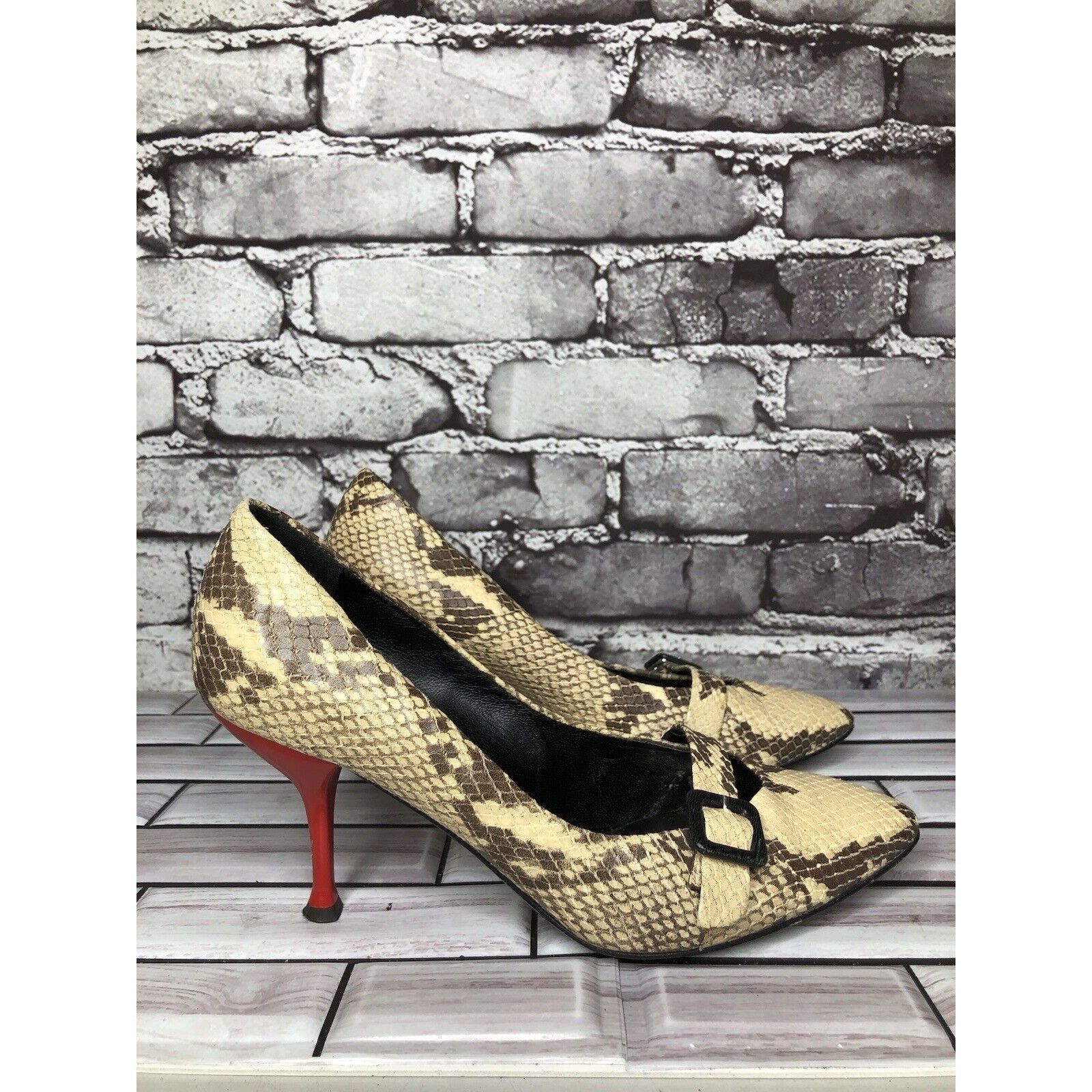 Giuseppe Zanotti Giuseppe Zanotti Cream Leather Black SnakeSkin Pointed Strap Size US 6.5 / IT 36.5 - 3 Thumbnail