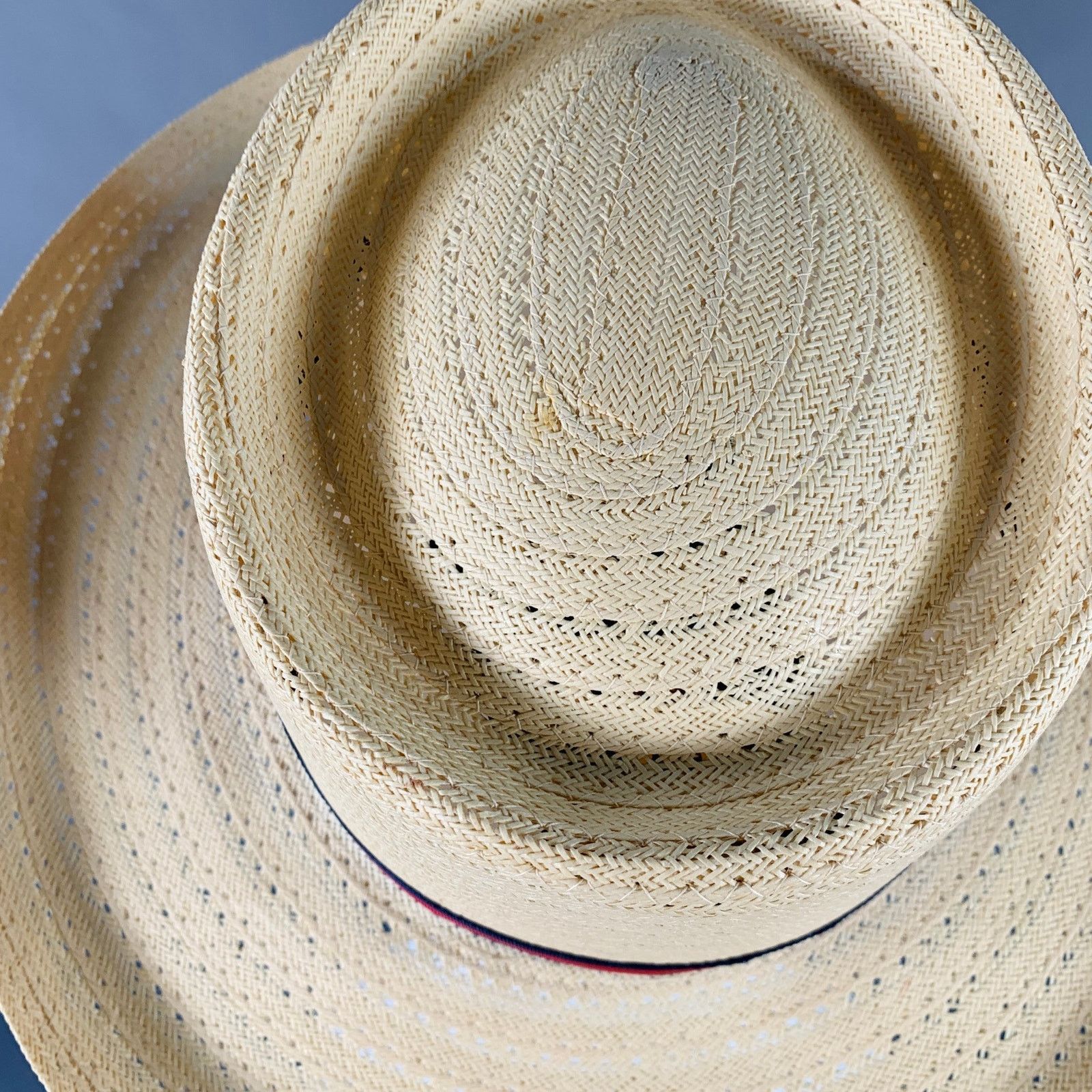 Vintage VINTAGE Size L Beige Navy Red Ribbon Trim Woven Straw Hat Size ONE SIZE - 5 Thumbnail