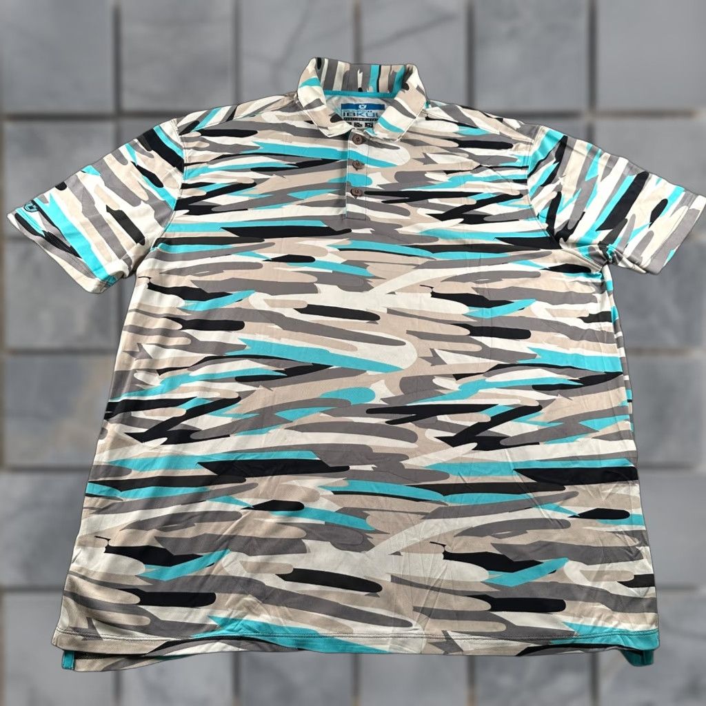 Vintage IBKUL Polo Mens XL Turquoise Gray Camo Performance Golf Shirt UPF 50 Stretch Size US XL / EU 56 / 4 - 1 Thumbnail