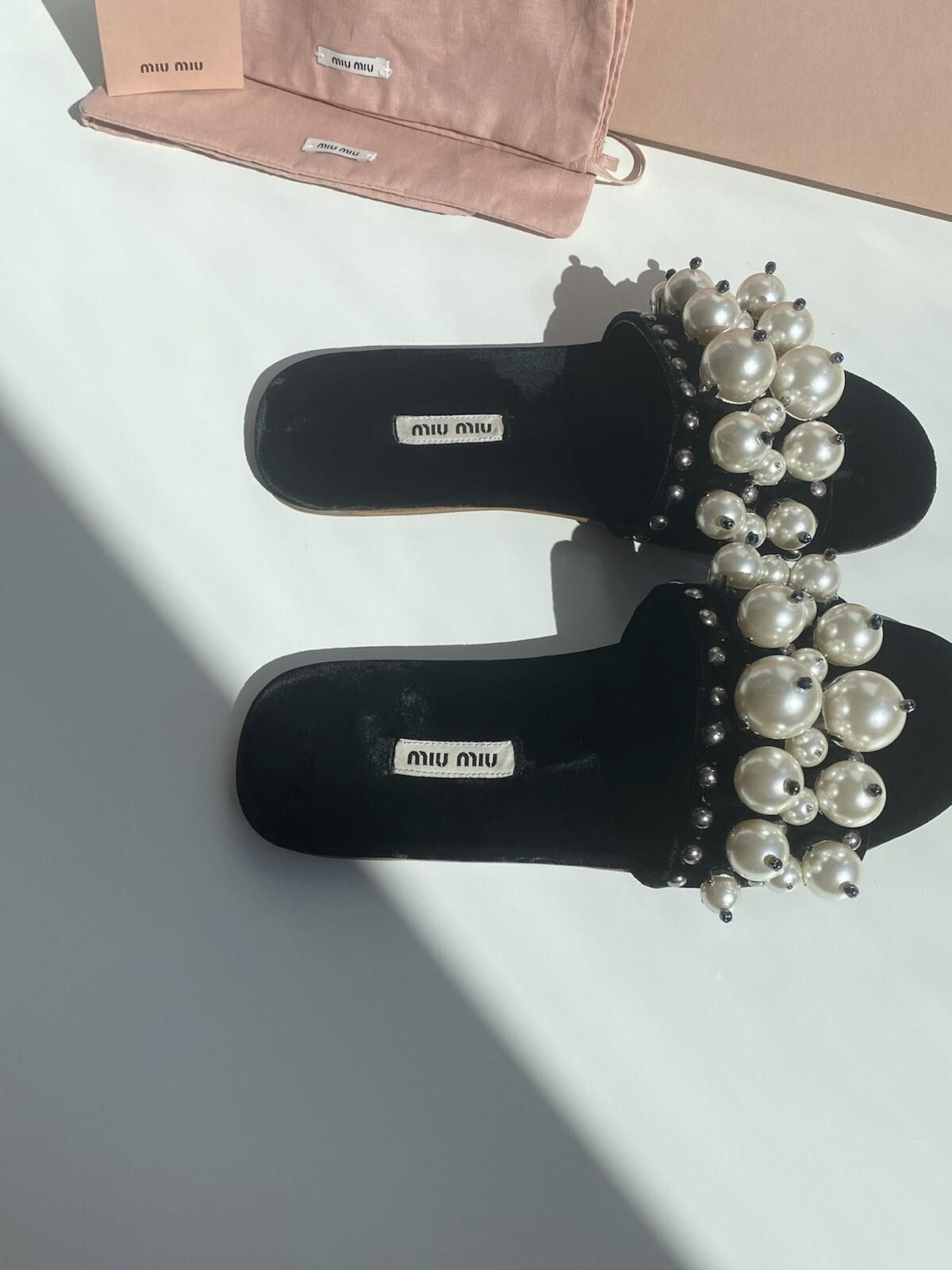 Miu Miu Miu Miu Velvet Slide Flats Embellished Pearly Women US6.5 Size US 4 / IT 34 - 7 Thumbnail