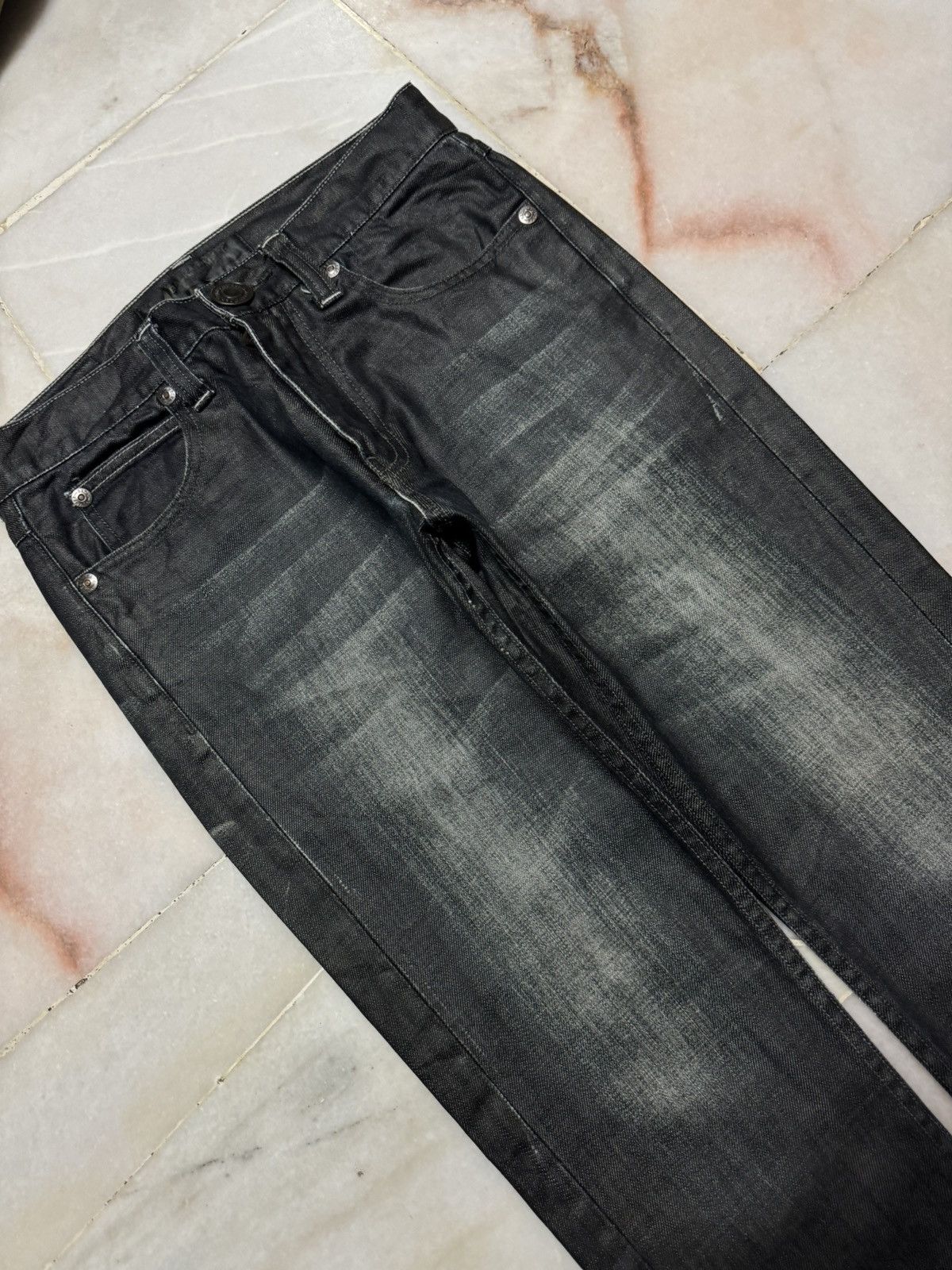 Japanese Brand VINTAGE BACK NUMBER WAXED BLACK JEANS MUDWASHED Size US 27 - 4 Thumbnail