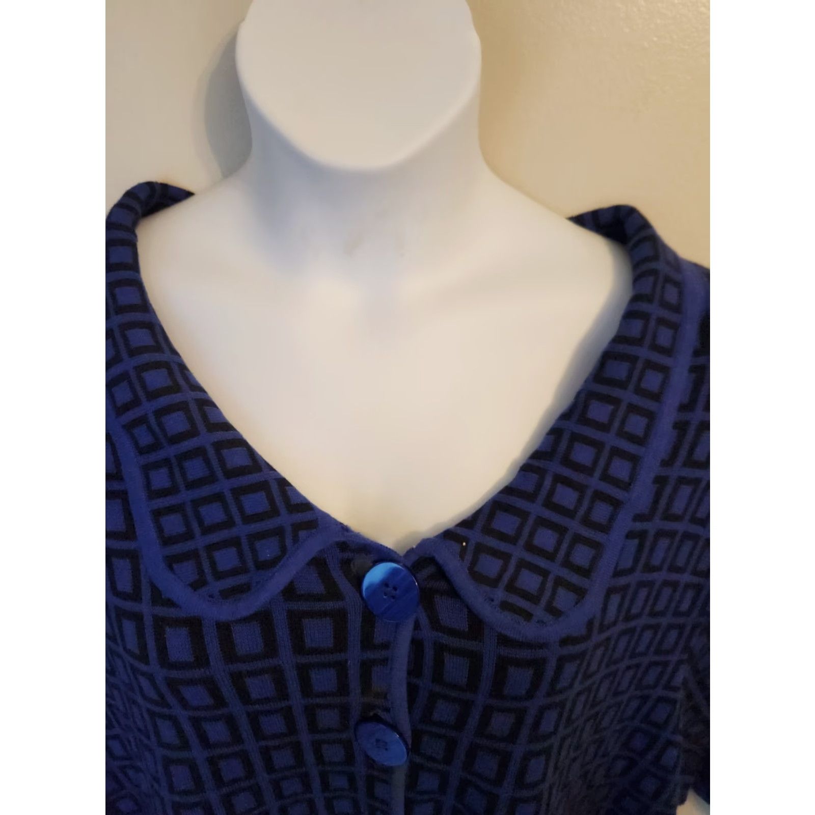 Vintage Liz & Me Platinum Collection Indigo Royal Blue Button Front Cardigan 3X Women Knit 100% Cotton Geometric Button Accents Size XXL / US 16-18 / IT 52-54 - 2 Thumbnail