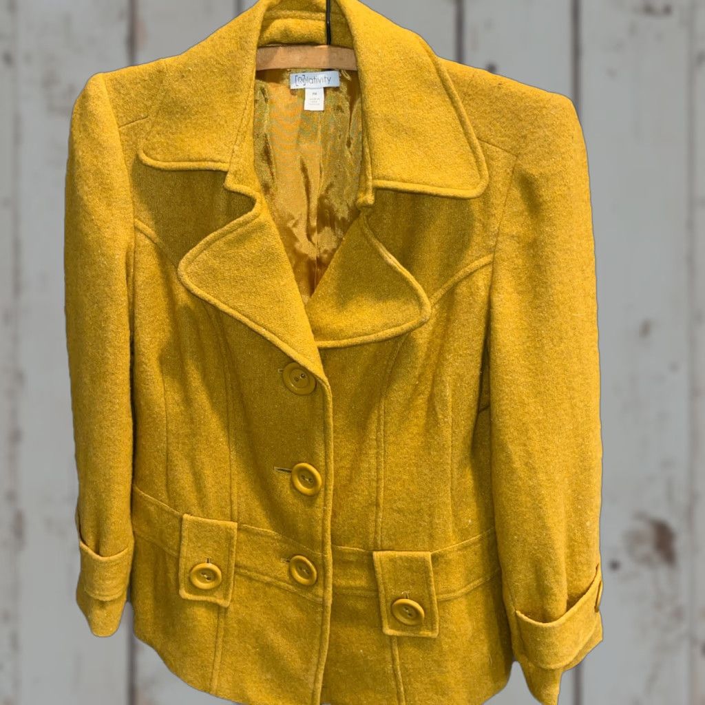Vintage VINTAGE Relativity Wool Pea Coat Mustard Yellow Short Lined Button Up Straps Double Breasted Petite Womens PM Size 32" / US 10 / IT 46 - 1 Thumbnail