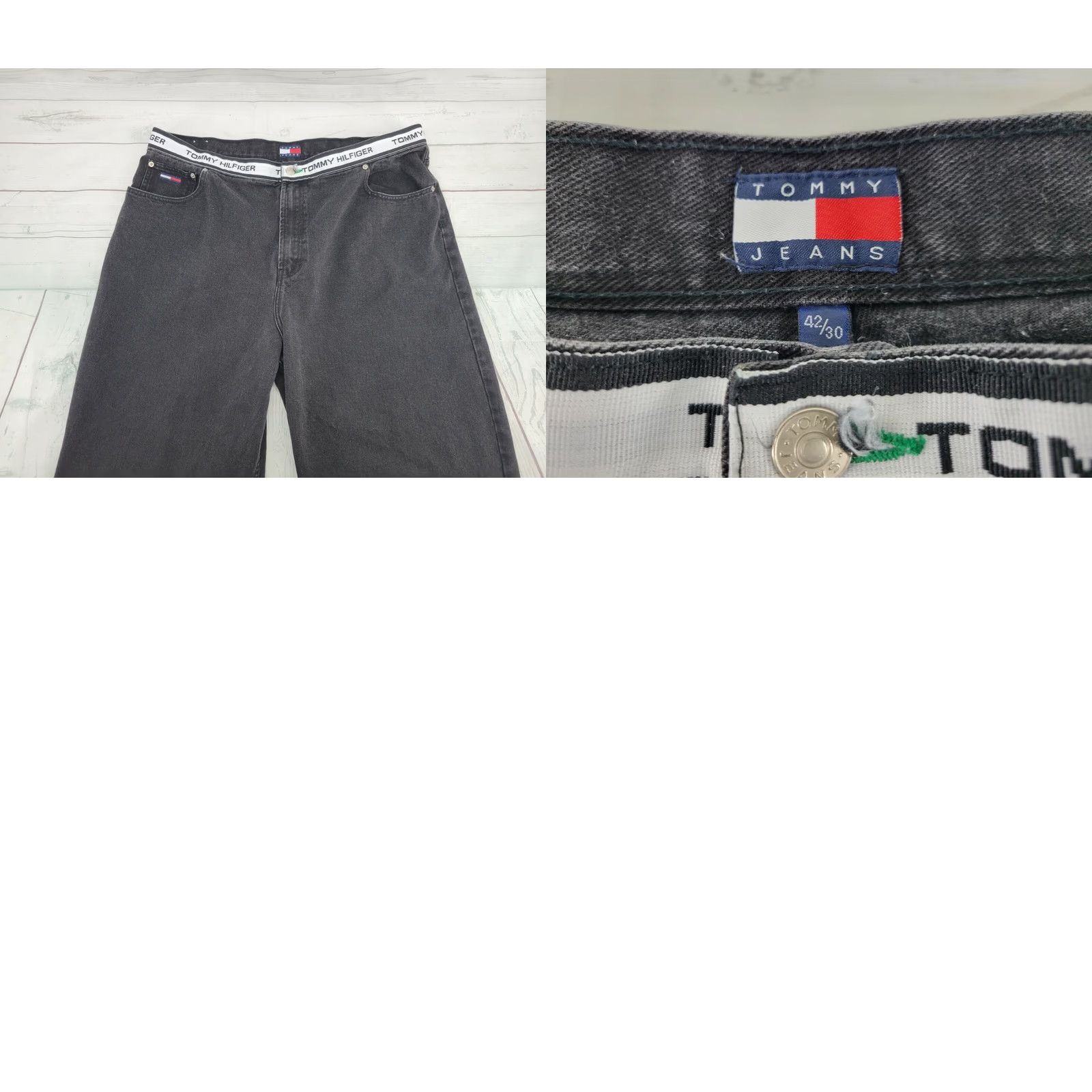 Tommy Hilfiger VINTAGE Tommy Hilfiger Jeans Bermuda 5-Pocket Denim Black 42x30 Mens Regular 90s Spell Out Waistband Stretch Size US 42 / EU 58 - 8 Thumbnail