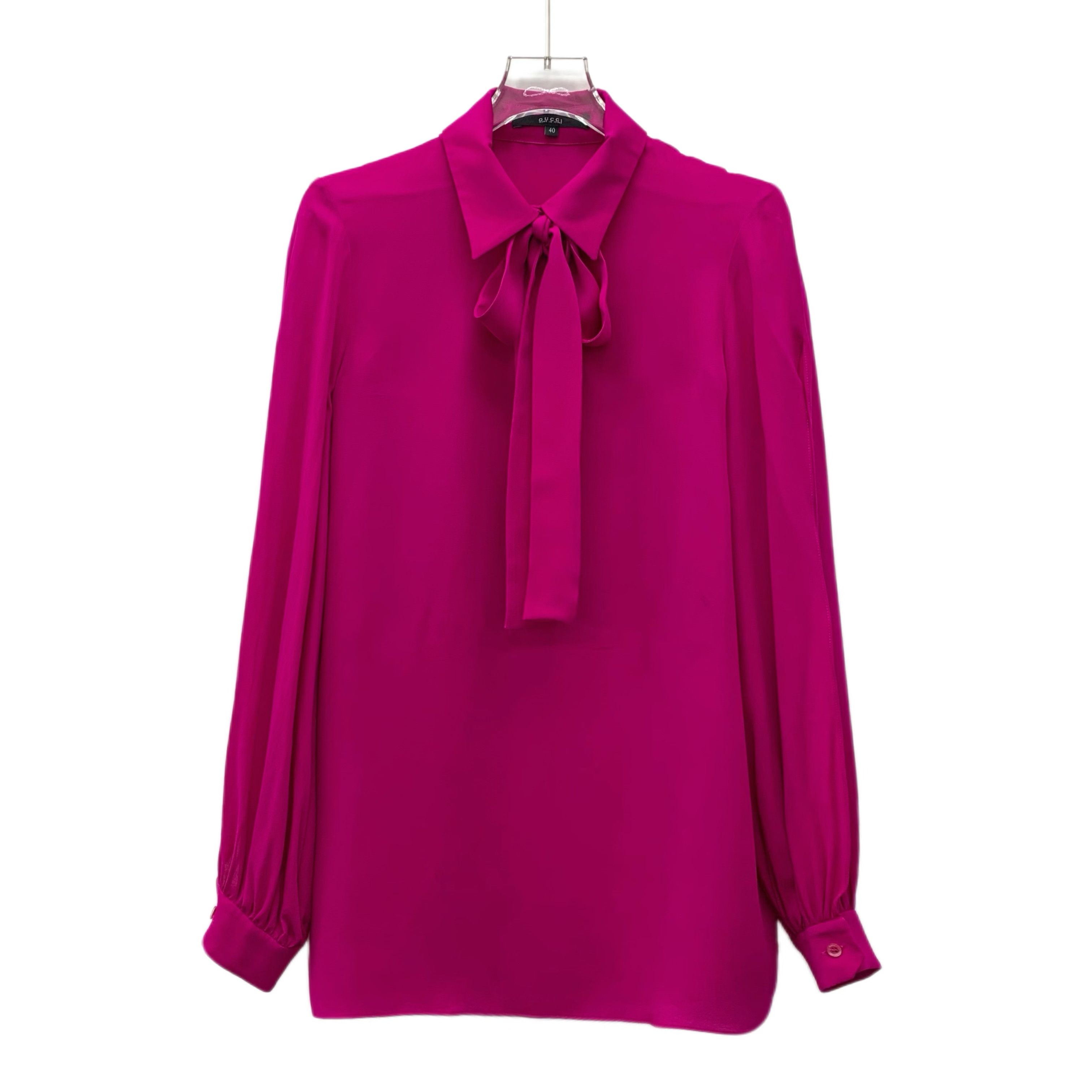 Gucci Purple Silk Bow Tie Collar Long-Sleeve Shirt (Size M)