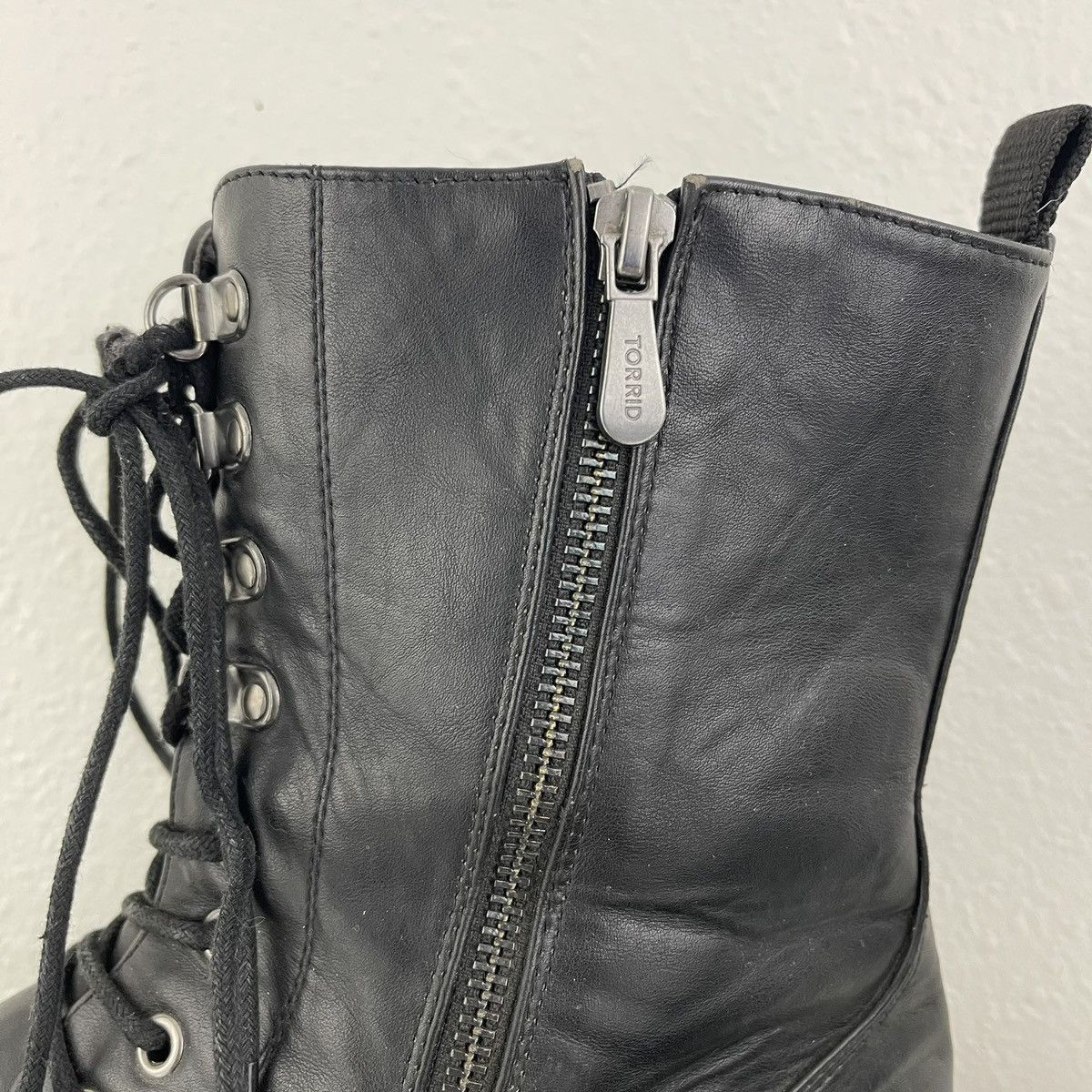 TORRID Black Dark Grey Faux Leather Metal Heel Combat Boots