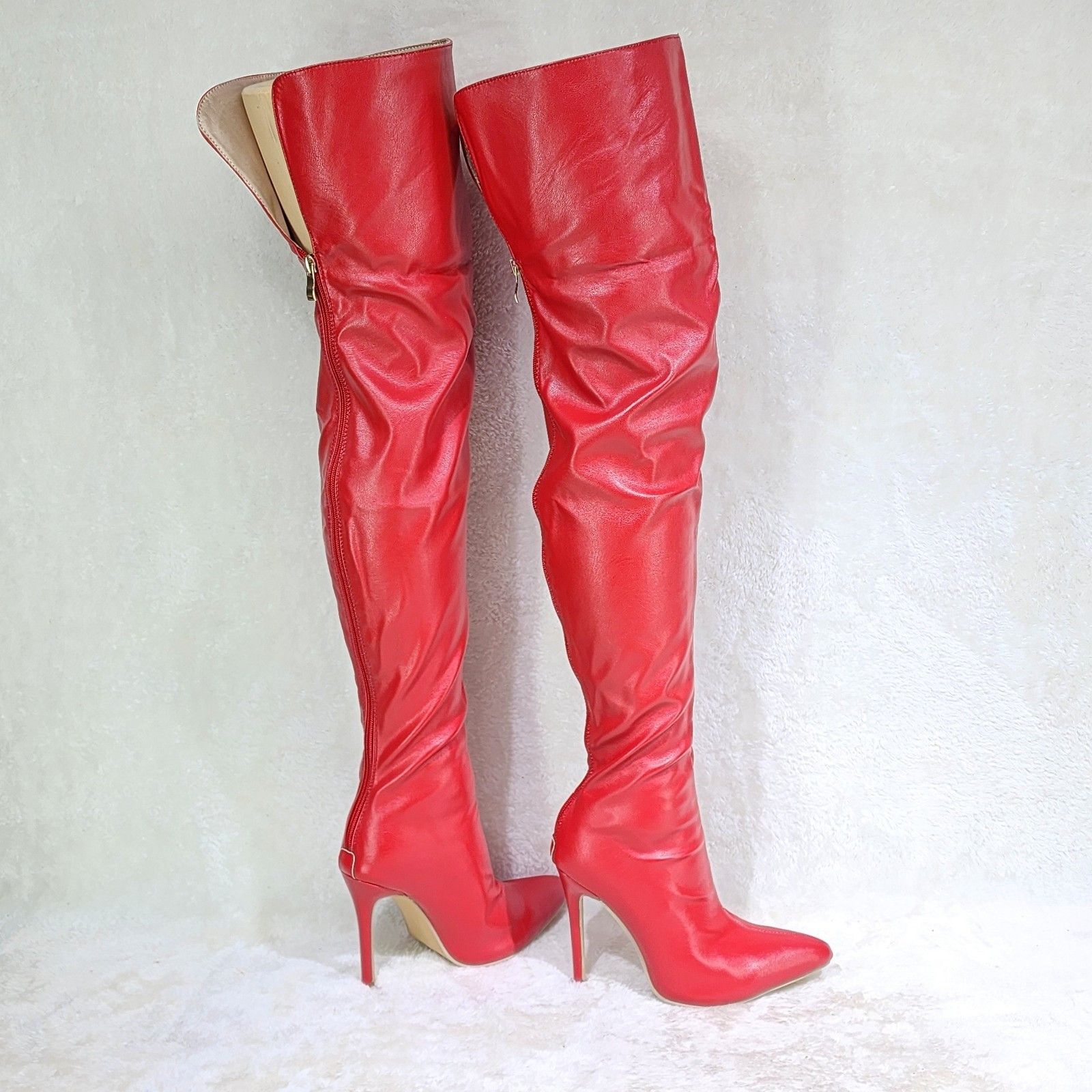 Other Red Faux Leather Thigh High Boot Stiletto Heels Back Zipper Size US 10 / IT 40 - 4 Thumbnail