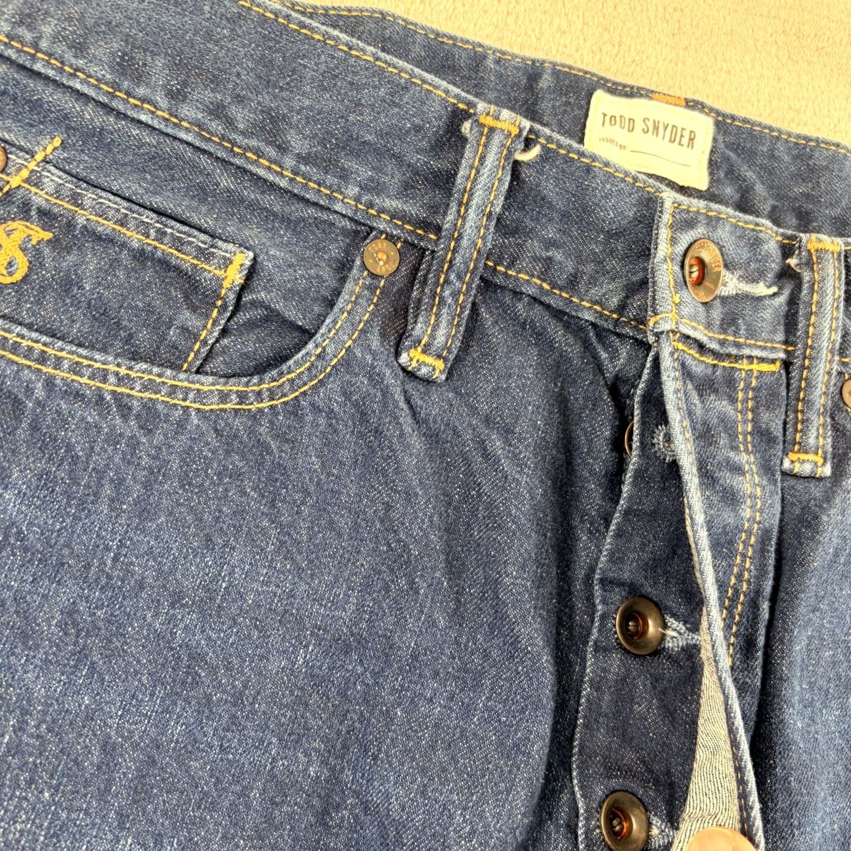 Todd Snyder Todd Snyder Jeans in Blue Wash Mens 34x29 12.5oz Selvedge Denim Classic Fit Straight 5-Pocket Denim Jeans USA Theme Button Closure Regular Waist Size US 34 / EU 50 - 5 Thumbnail