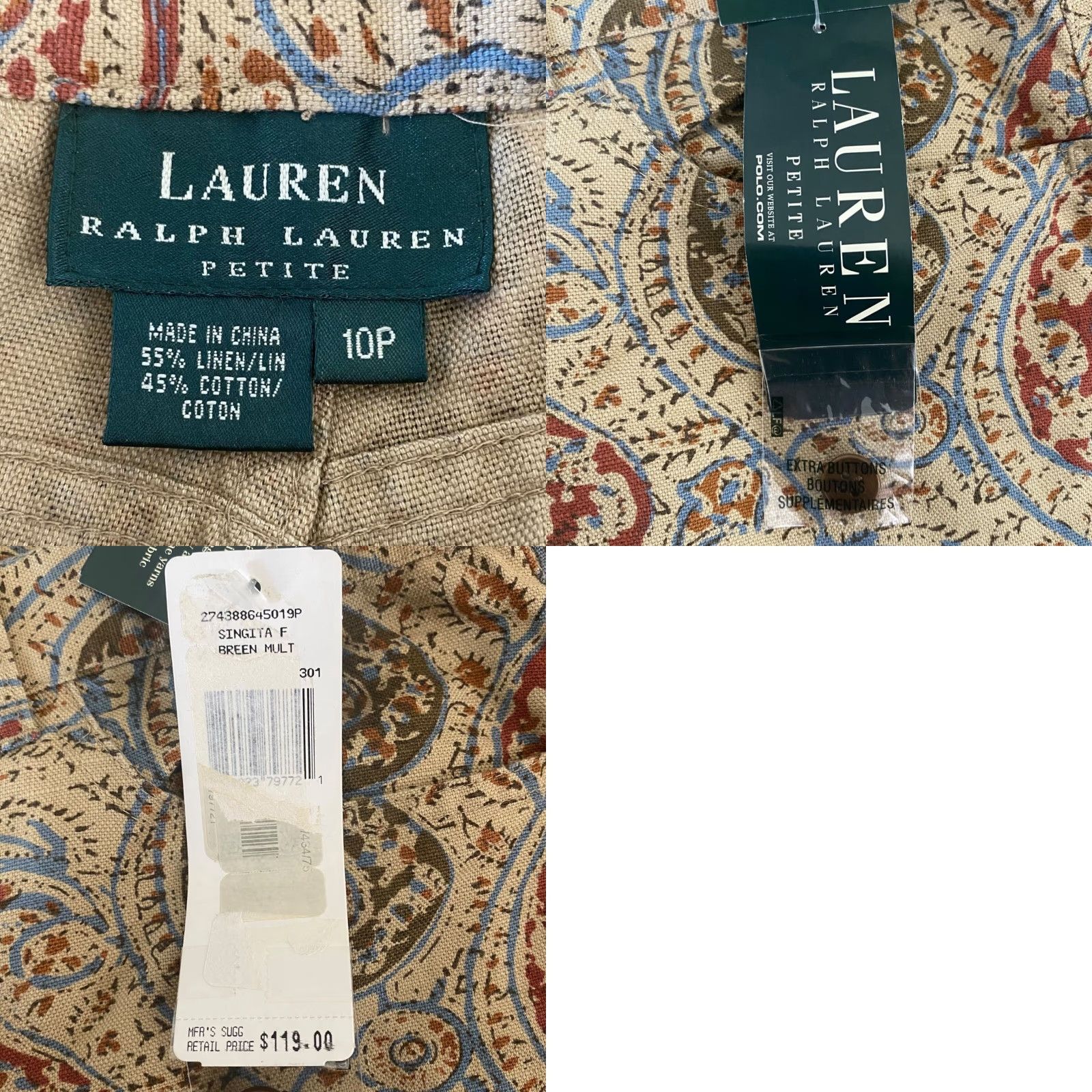 Ralph Lauren VINTAGE Lauren Ralph Lauren Pants Paisley Cropped Women's 10P Tan Linen Cotton High Rise Straight Leg 24" Inseam Womens Size 32" / US 10 / IT 46 - 8 Thumbnail