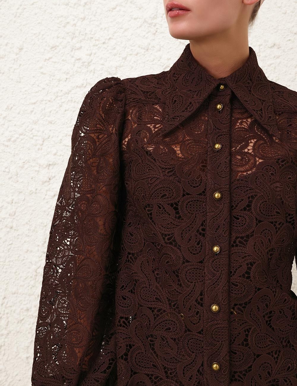 Zimmermann oc11z0925 Illustration Lace Blouse in Chocolate Brown Size M / US 6-8 / IT 42-44 - 5 Thumbnail