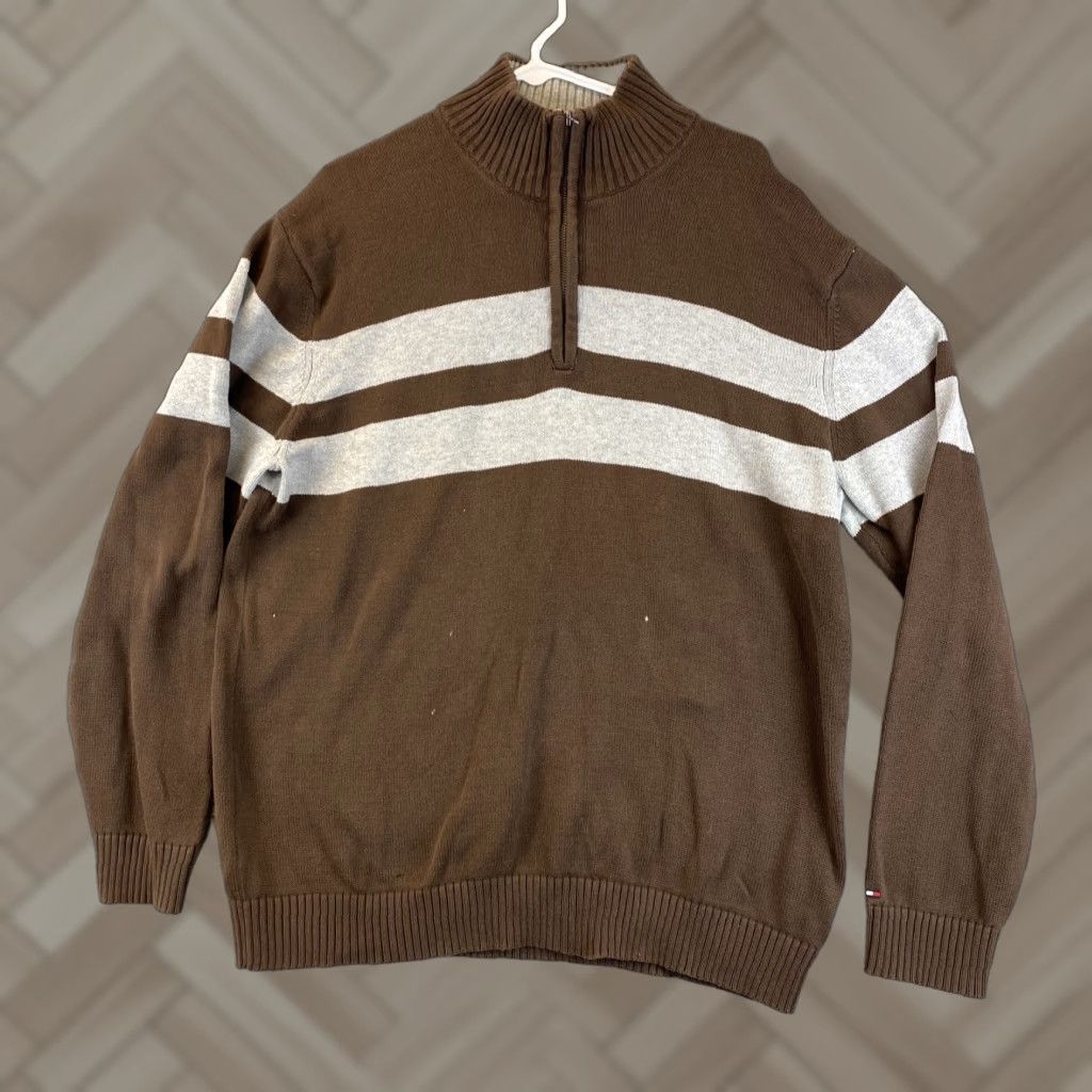 Tommy Hilfiger vintage Tommy Hilfiger brown 1/4 zip Sweater XL Stripes/ 53-5 Size US XL / EU 56 / 4 - 1 Thumbnail