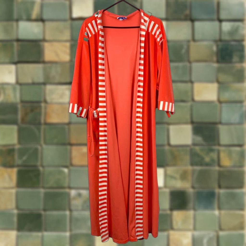 Velour VINTAGE Niki-Lu Velour Retro Orange White Belted Hooded Long Robe Shirt Small S Womens Size ONE SIZE - 1 Thumbnail