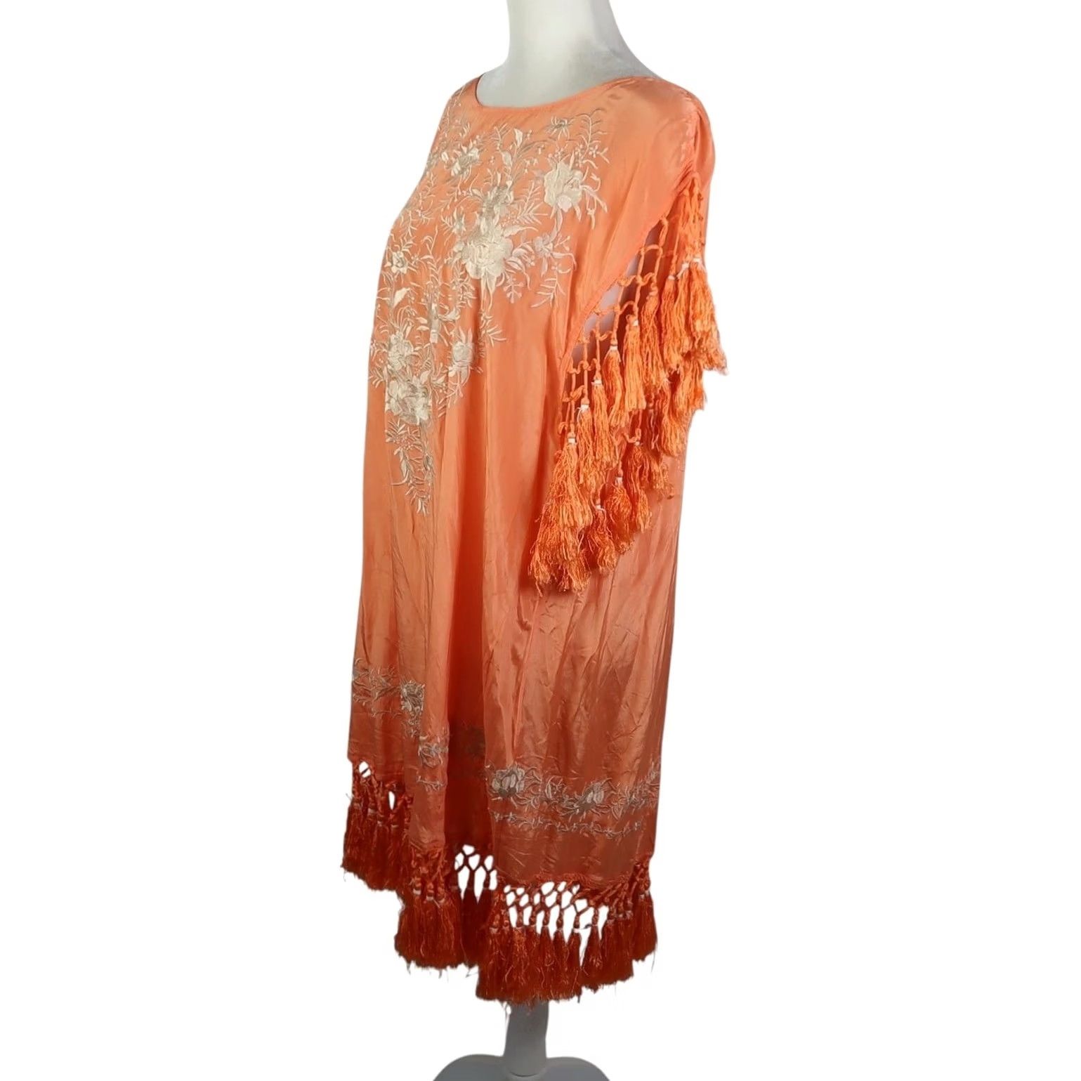 Vintage Sundance Orange Cream Floral Embroidered Swim Cover-Up Dress Kaftan Sundress Tassel Fringe Size S / US 4 / IT 40 - 2 Thumbnail
