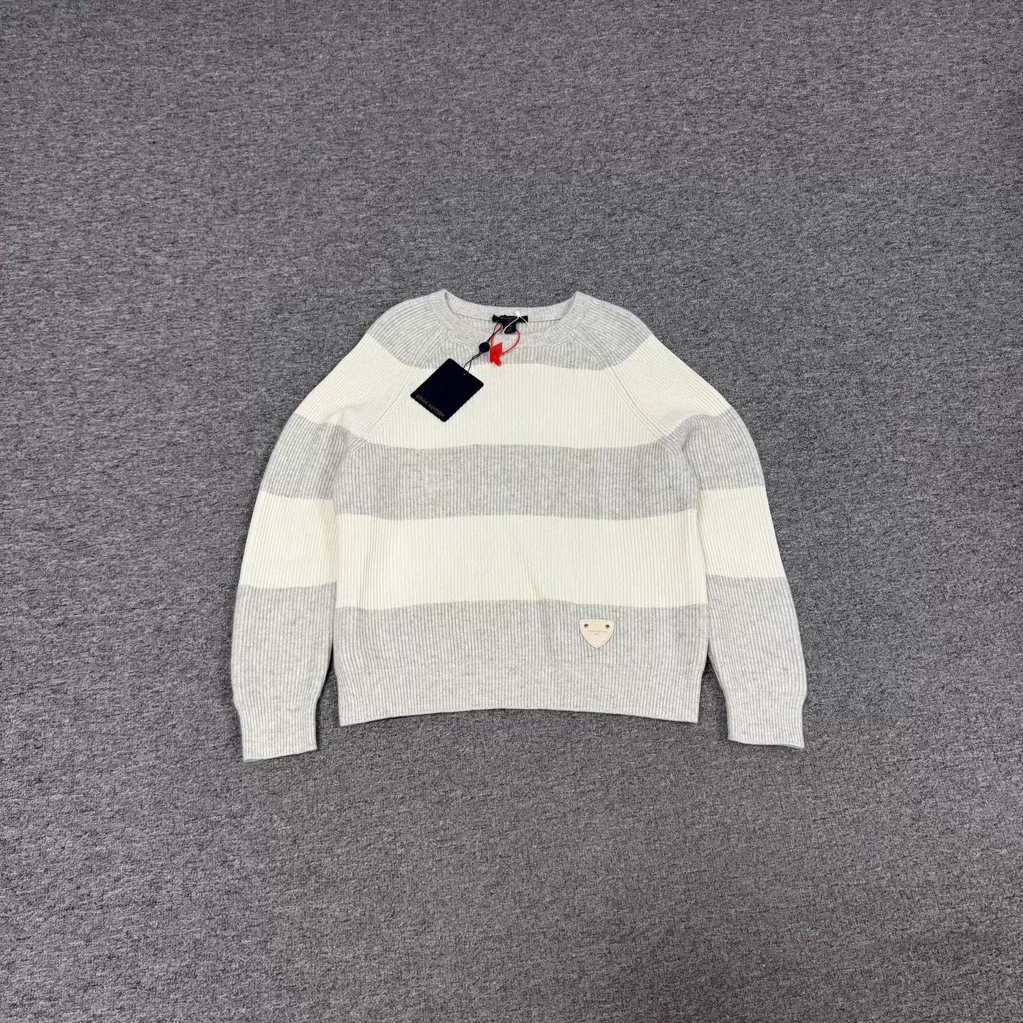 Louis Vuitton LV Gray White Stripe Leather Logo Short Knit S Size S / US 4 / IT 40 - 1 Thumbnail