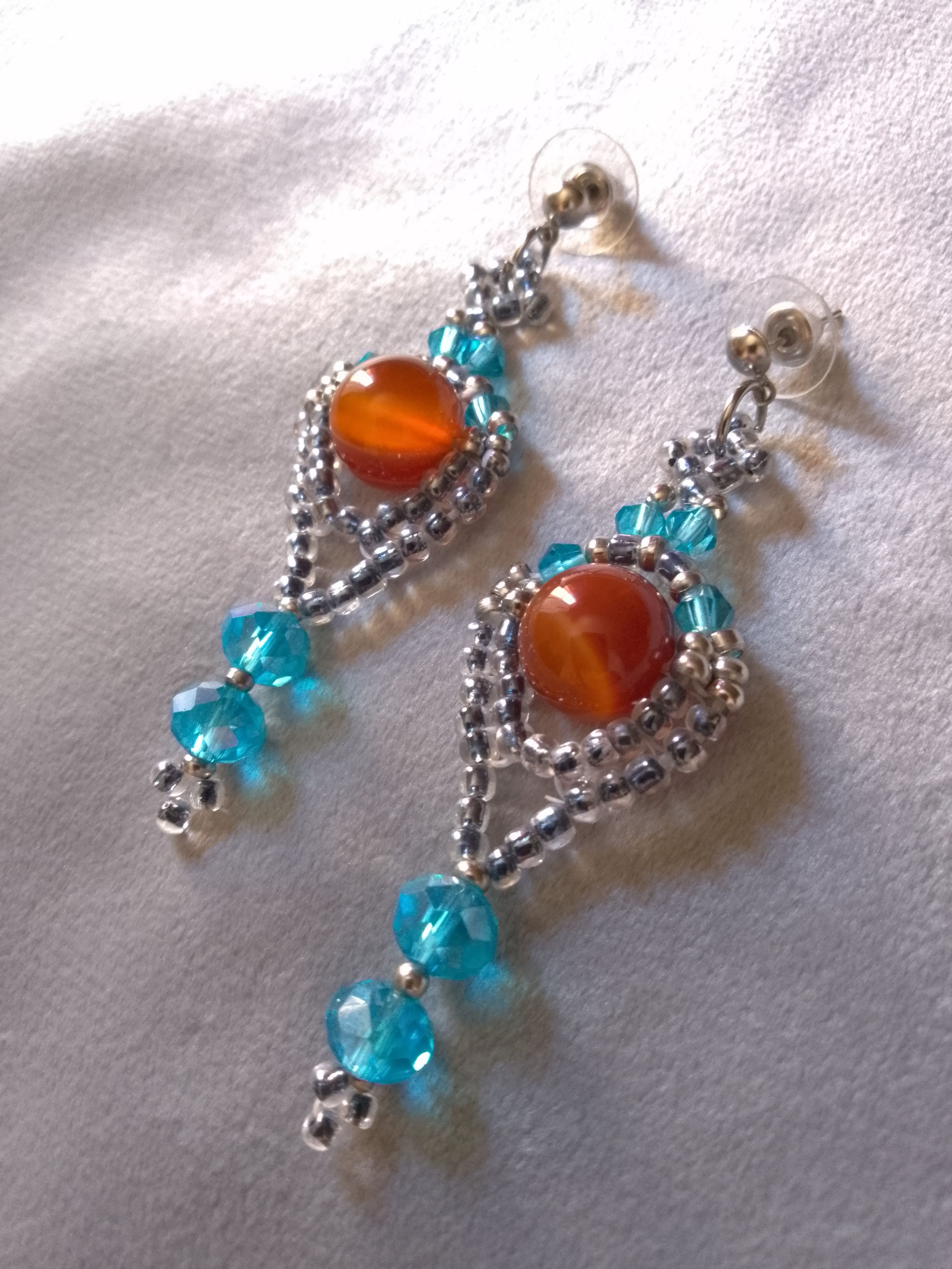 Handmade Dangle earrings with red carnelian gemstones blue crystal Size ONE SIZE - 6 Thumbnail