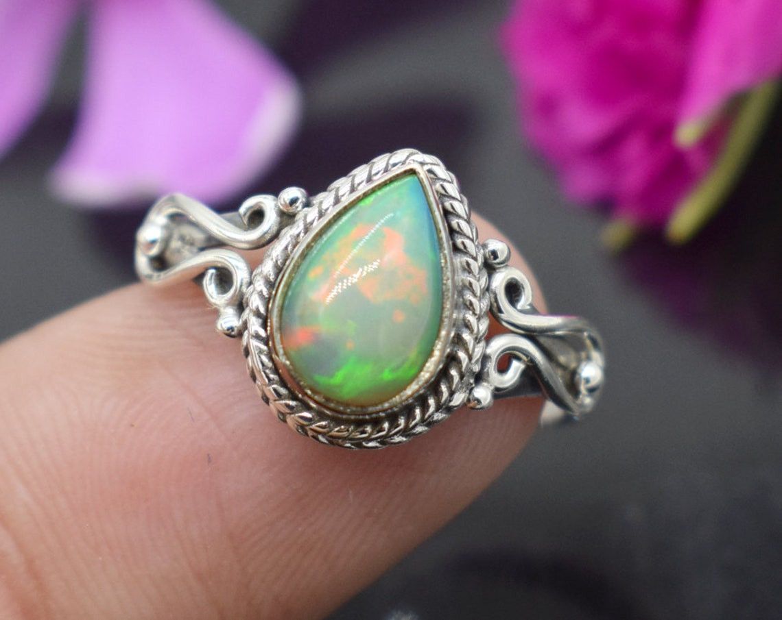 Handmade Ethiopian Opal Ring: Pear-Shaped Gemstone, 925K Silver Size ONE SIZE - 2 Thumbnail
