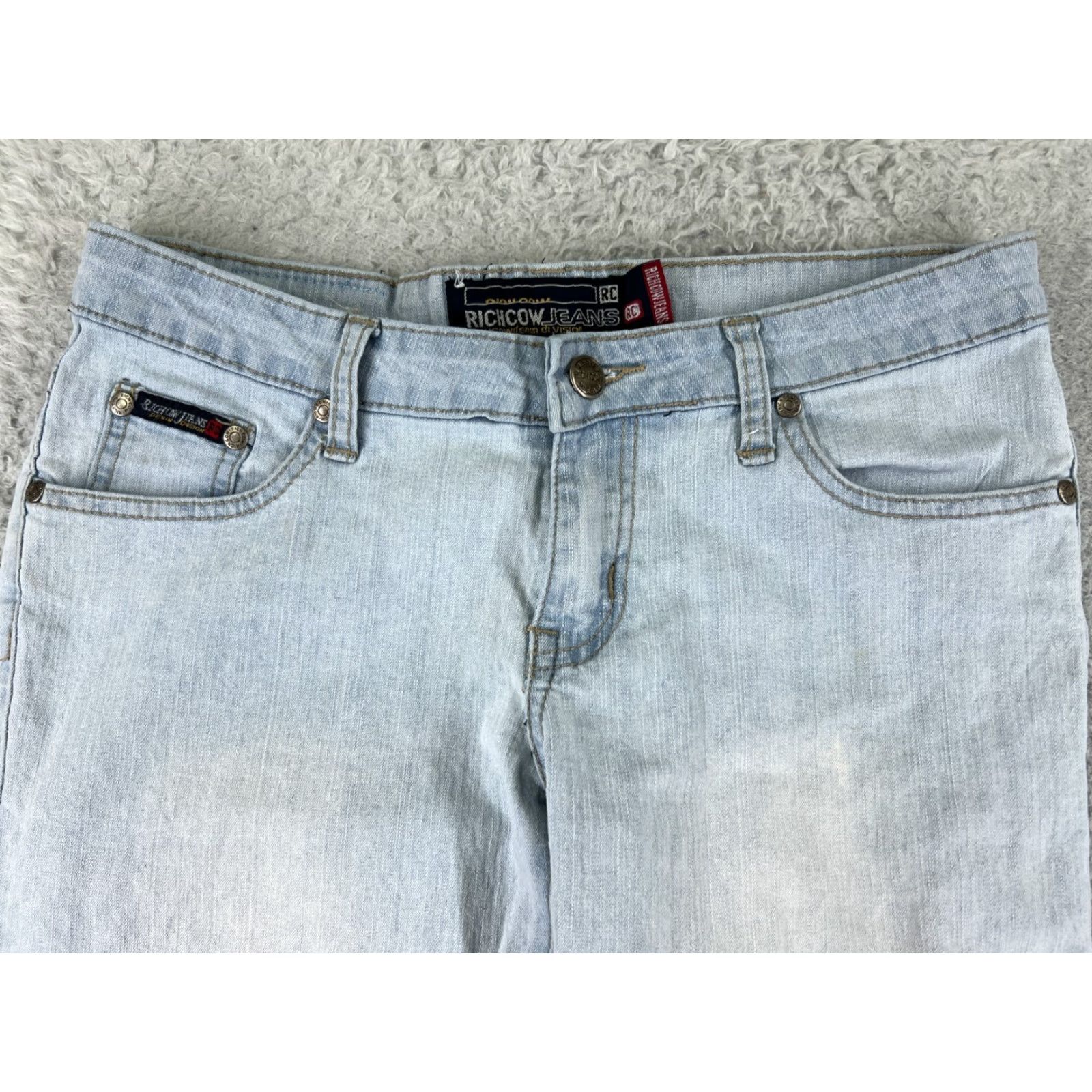 Denime Richcow Jeans Womens 7 Blue Denim Wide-Leg Low Rise Light Wash Distressed Zipper 5-Pocket Inseam 27in Stretch Regular Size 28" / US 6 / IT 42 - 4 Thumbnail