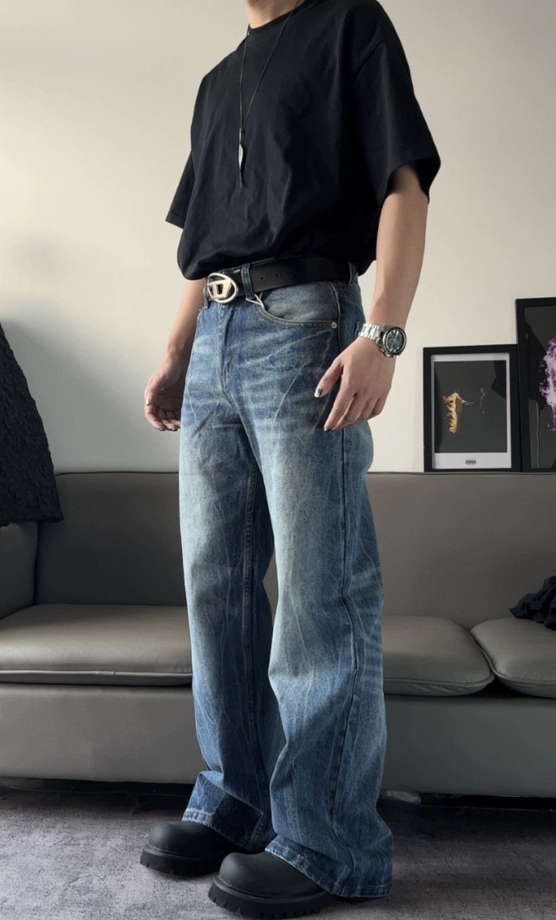 denim faded baggy gradient flared jeans