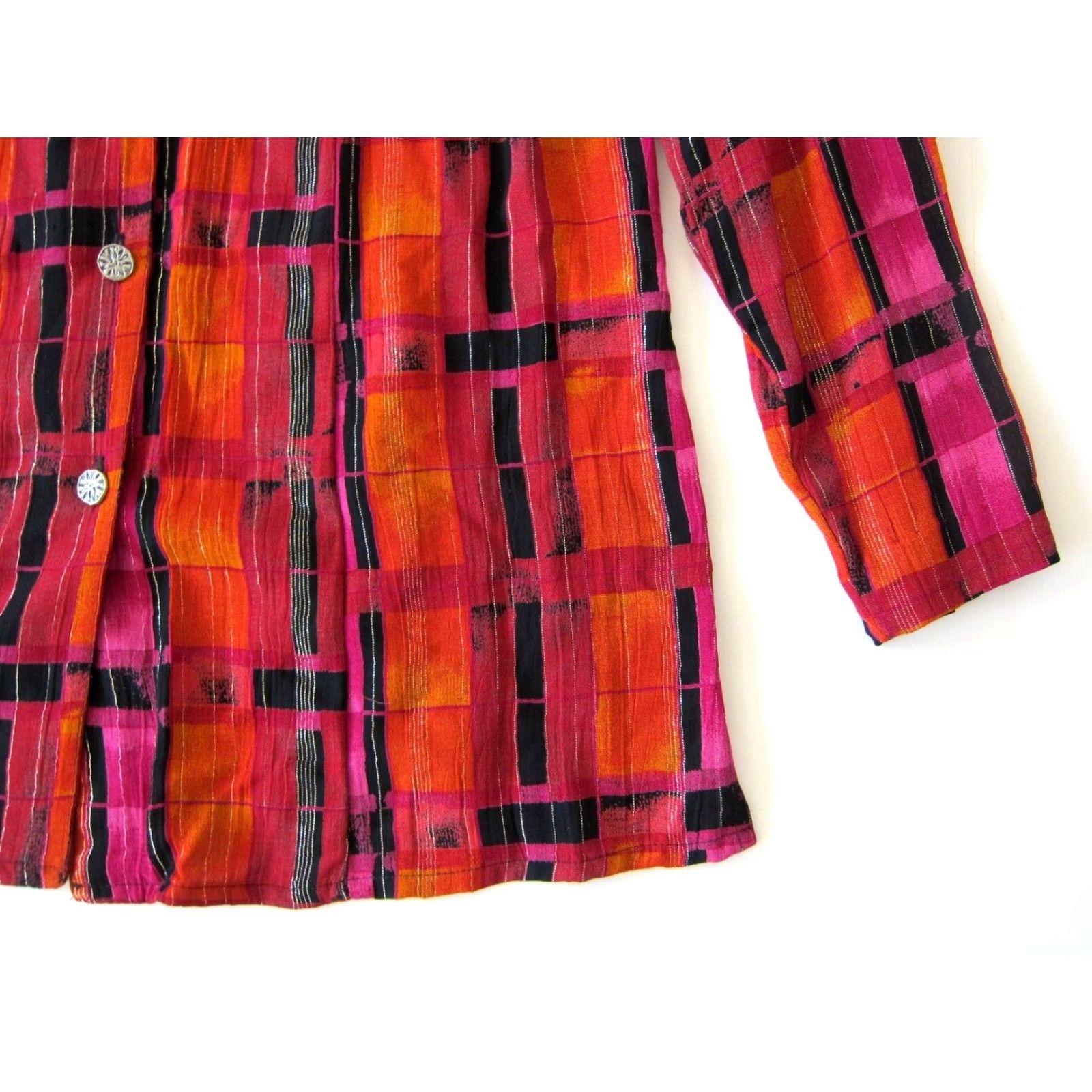 Pinko VINTAGE C.M. Shapes Blouse Shirt Womens Small Plaid Rayon Pink Orange Black Button Down Knit Tunic Casual Size S / US 4 / IT 40 - 6 Thumbnail