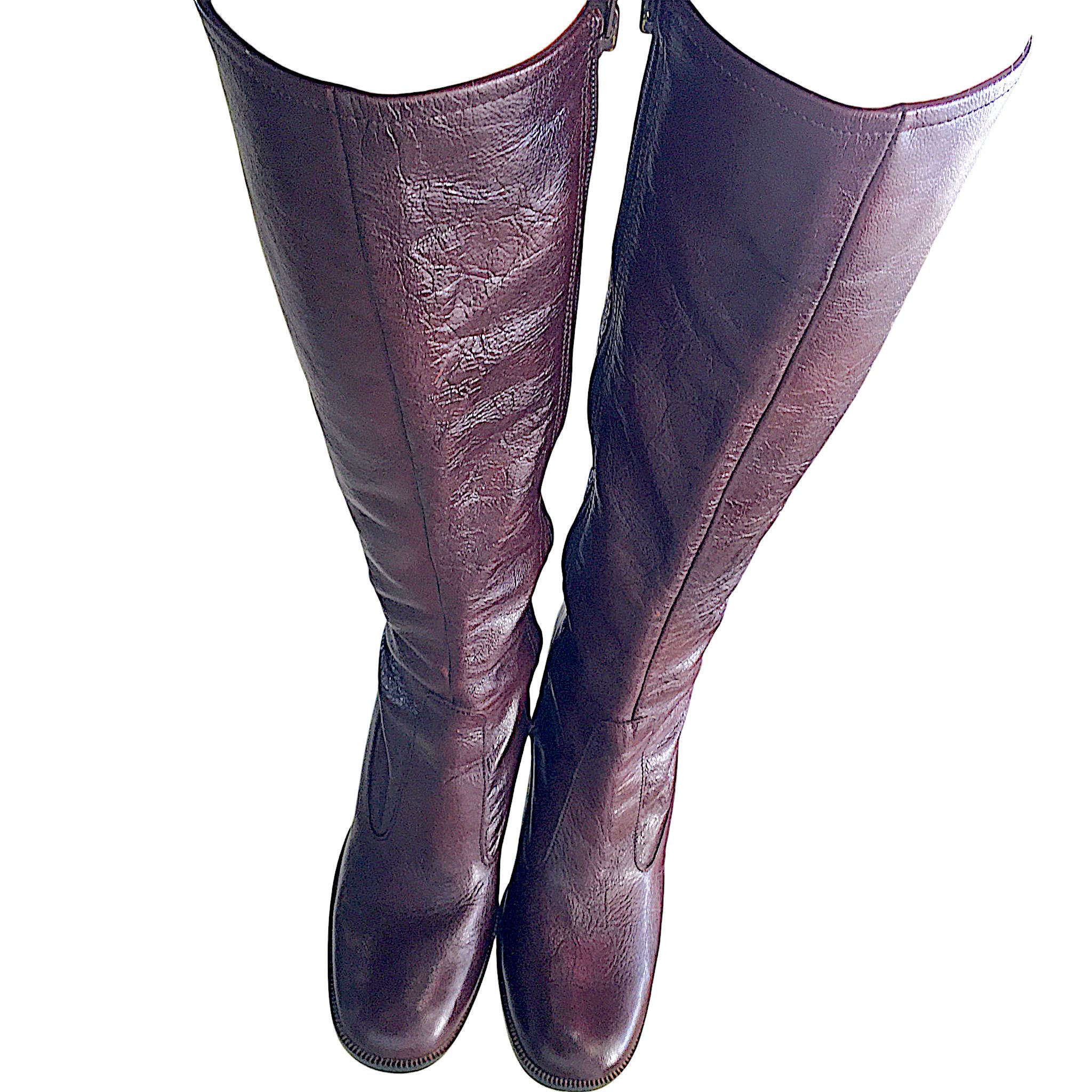 Vintage Burgundy Leather Boots - High Block Heel - France 70s Size US 6 / IT 36 - 8 Thumbnail