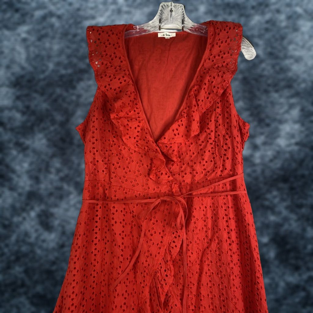 Vintage VINTAGE IN LOOM Maxi Dress L Red Wrap Style V-Neck Ruffled Eyelet Cotton Lined Size L / US 10 / IT 46 - 1 Thumbnail