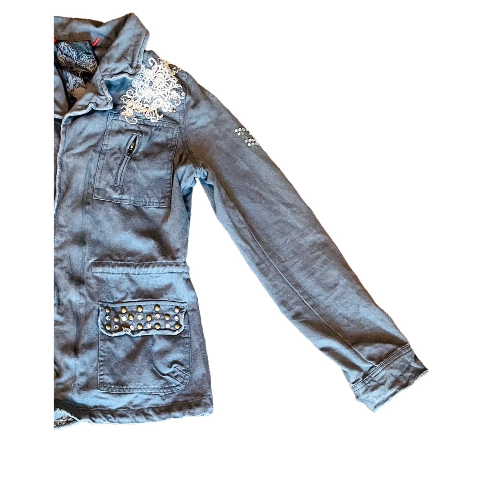 Miss Me Miss Me Women's Gray Distress Rhinestone Studded Jacket Sz Small Embroidered Size S / US 4 / IT 40 - 3 Thumbnail