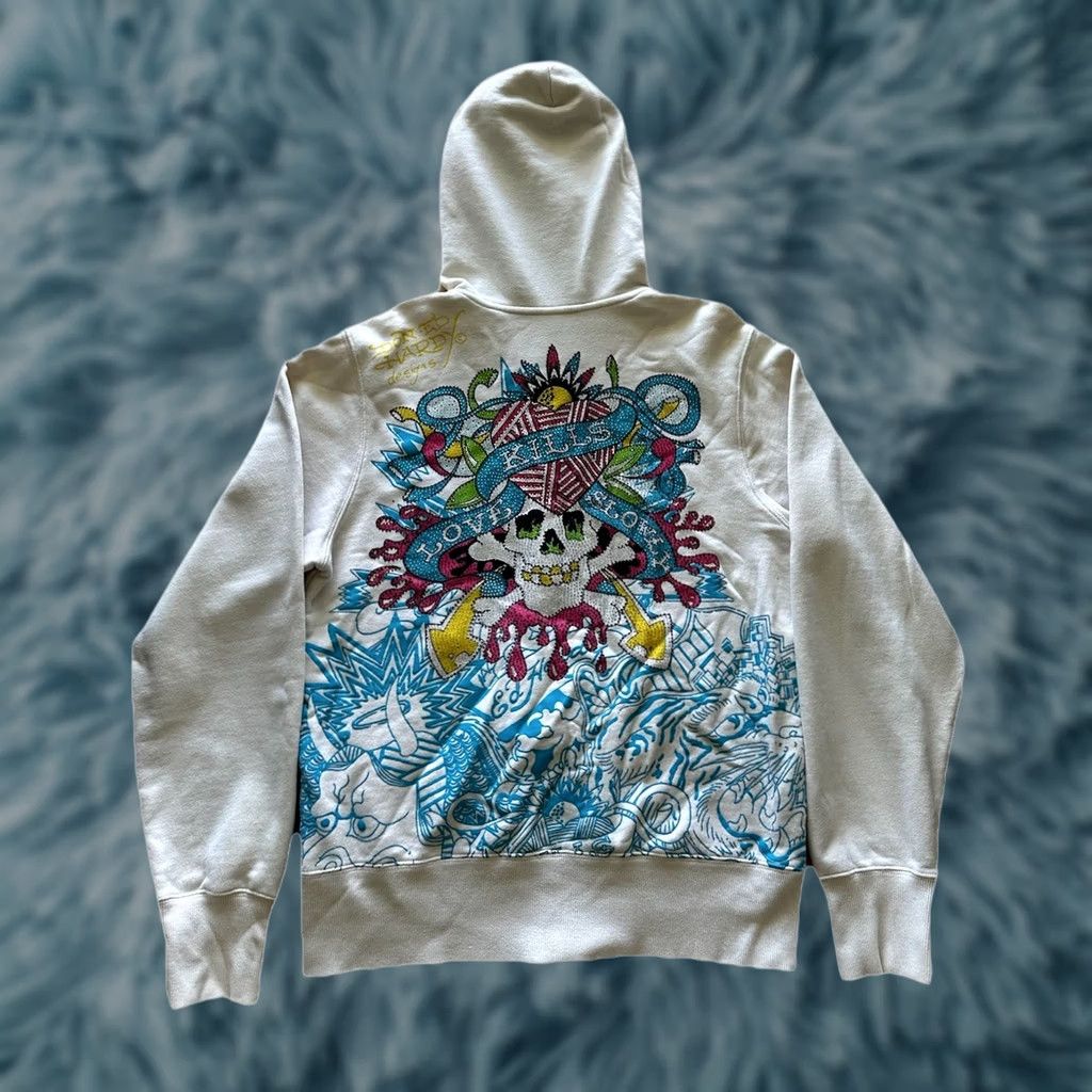 Ed Hardy VTG Ed Hardy AOP Hoodie Womens Small Cream Multicolor Floral Zip Up Hooded Pockets 2000s Y2K Unique USA England Style Womens Size S / US 4 / IT 40 - 1 Thumbnail
