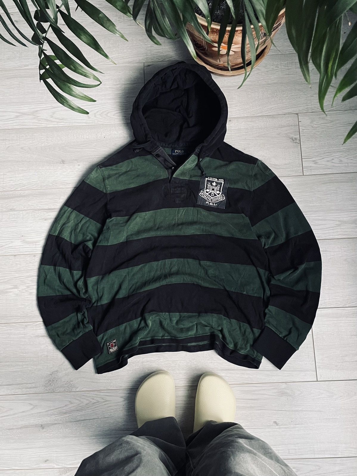 Pre-owned Polo Ralph Lauren X Vintage Polo Ralph Laurent Striped Hoodie Rugby Shirt 90's In Green