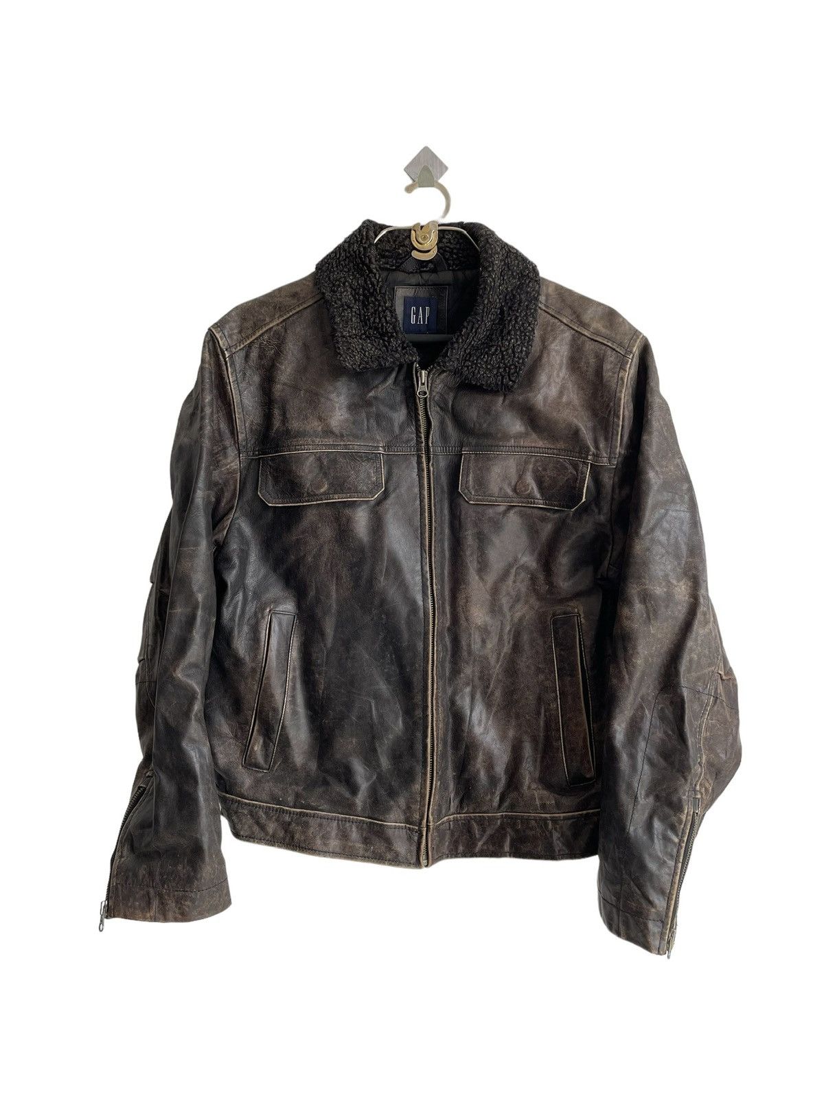 Gap 1990s GAP 🇺🇸 Fur Neck Leather Biker Jacket Size US M / EU 48-50 / 2 - 2 Thumbnail
