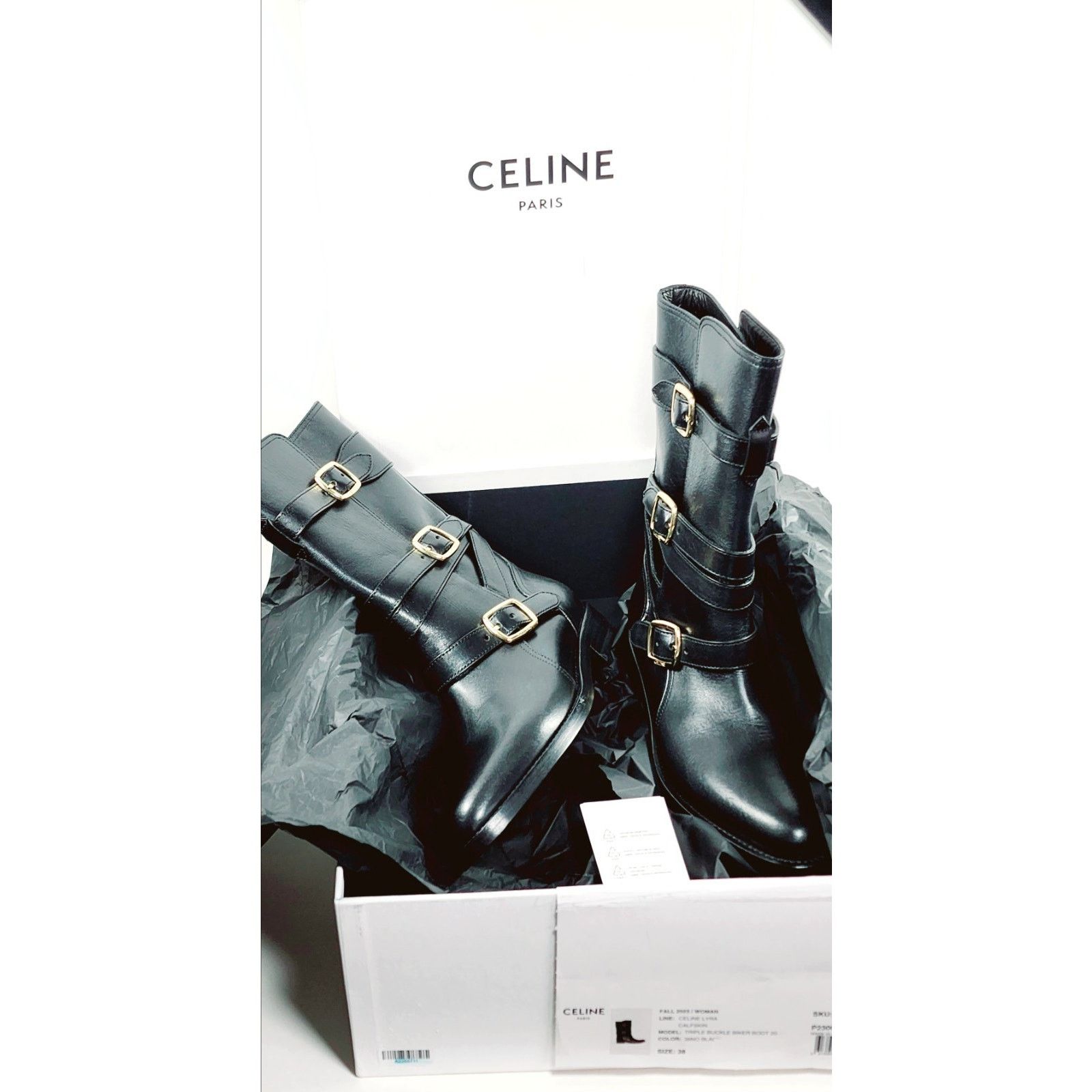 Celine $1450 NEW CELINE Leather Biker Boots US8 EU38 Black Logo . Size US 8 / IT 38 - 10 Thumbnail