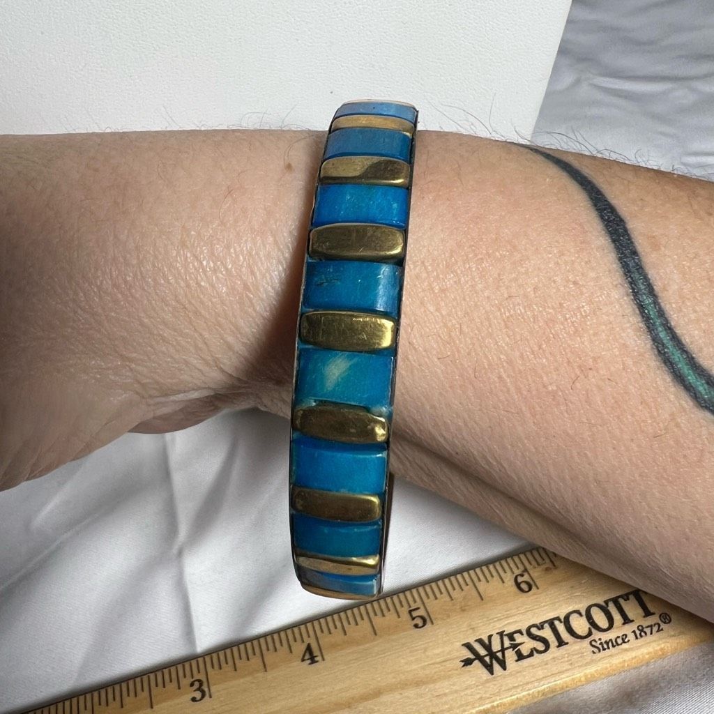 Vintage Vintage Brass and Blue Enameled Bangle Bracelet Size ONE SIZE - 2 Thumbnail