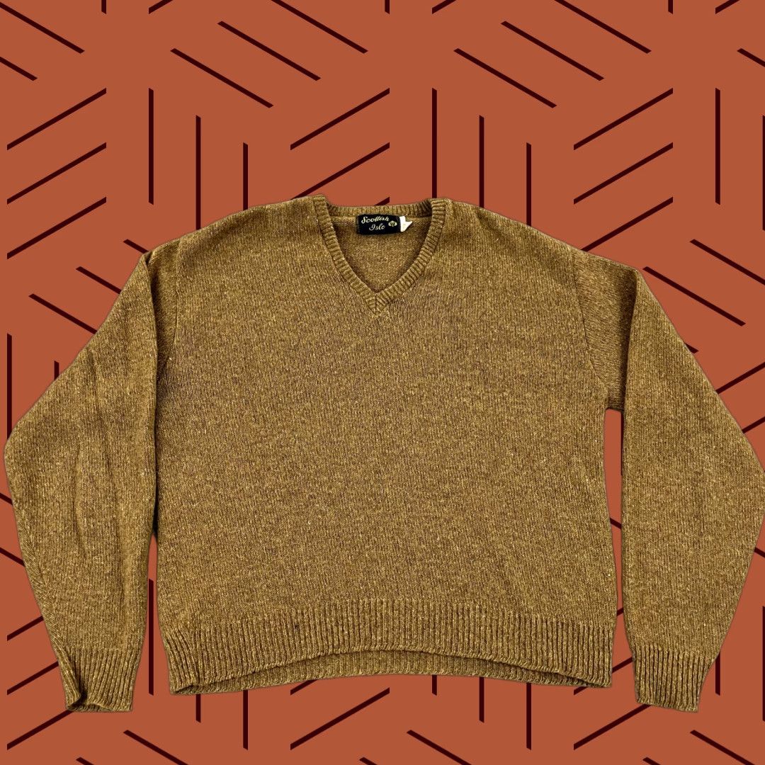 Vintage SCOTTISH ISLE Mens Sweater Large Brown Lambswool Knit Pullover N-Neck Jumper L/S Size US L / EU 52-54 / 3 - 1 Thumbnail