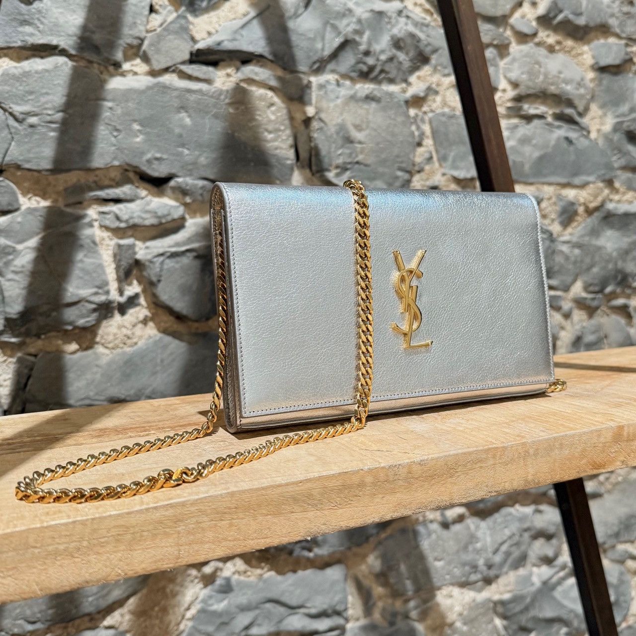 Saint Laurent Paris Saint Laurent Silver Metallic Kate Monogram On Chain Clutch Size ONE SIZE - 2 Thumbnail