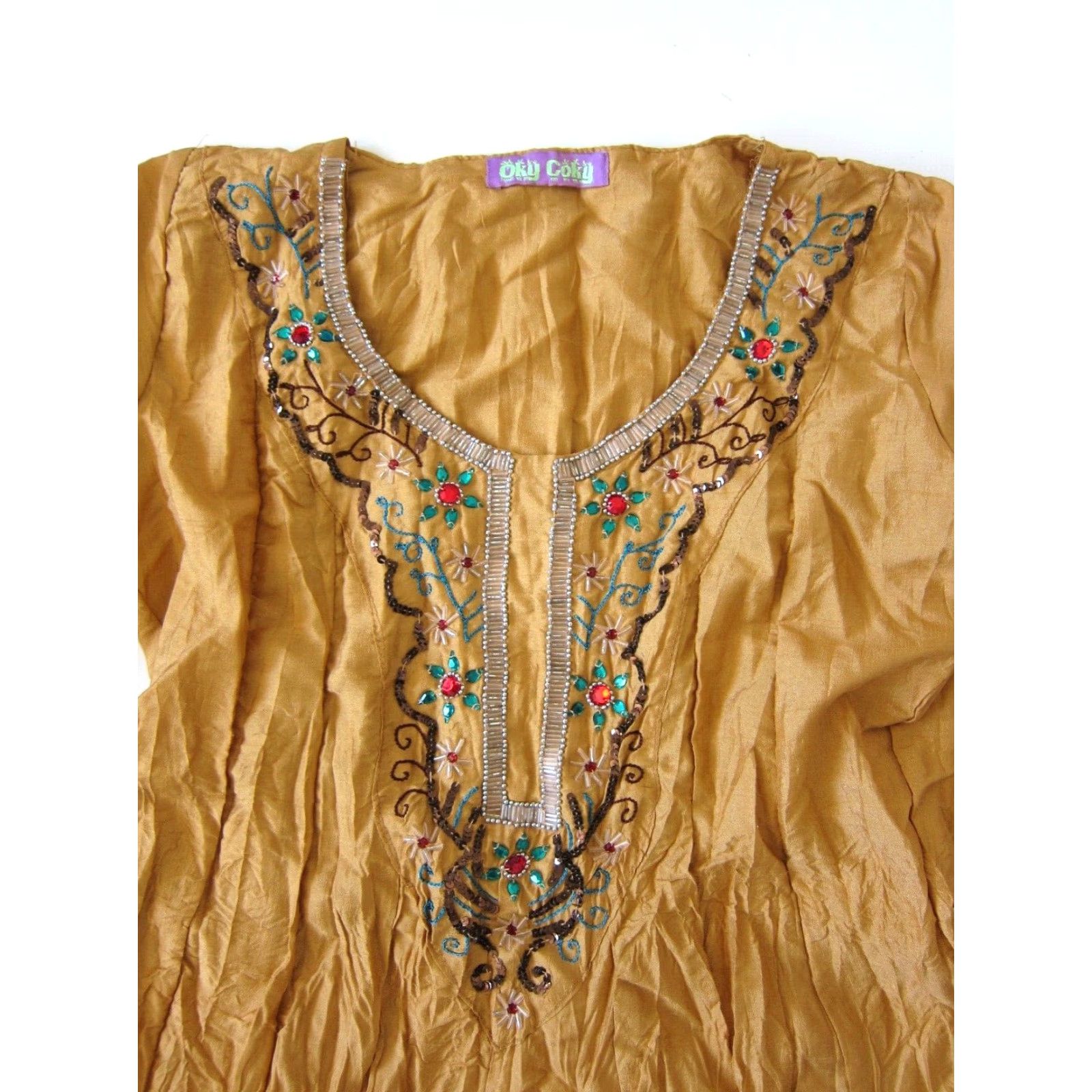 Vintage VINTAGE Oky Coky Brown 3/4 Sleeve Scoop Neck Beaded Floral Peasant Blouse Large Size L / US 10 / IT 46 - 5 Thumbnail