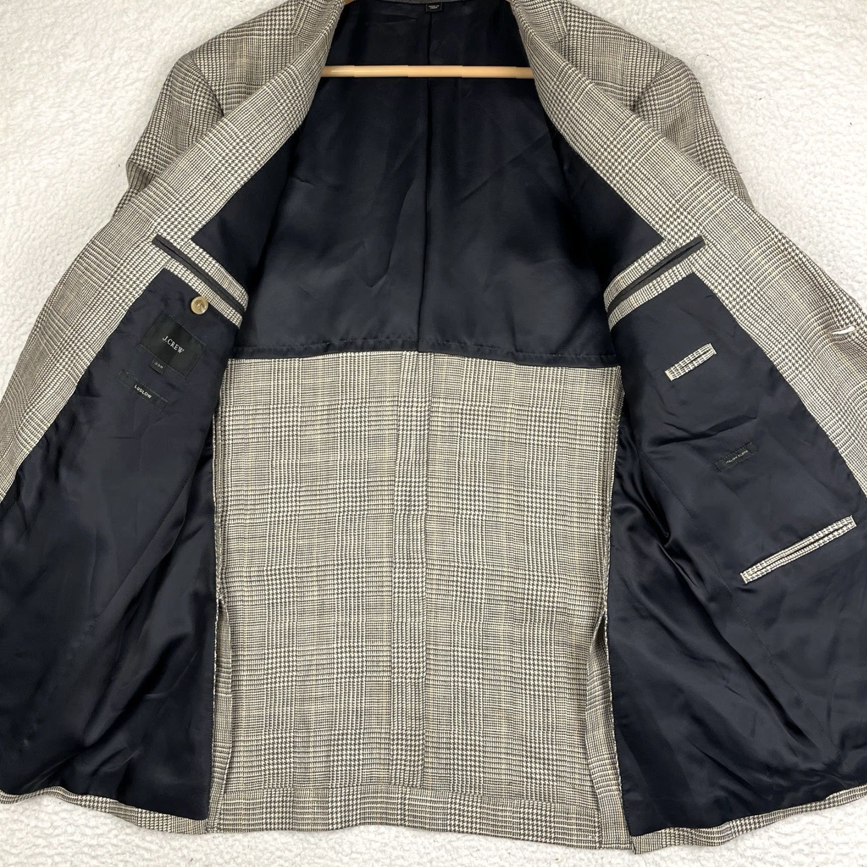 J.Crew J.CREW Sport Coat Blazer - Men 39R Beige Linen Silk Tweed Plaid Glen Check Regular Notch Lapel Two-Button Glen Plaid Casual Sport Coat Size 40R - 2 Thumbnail