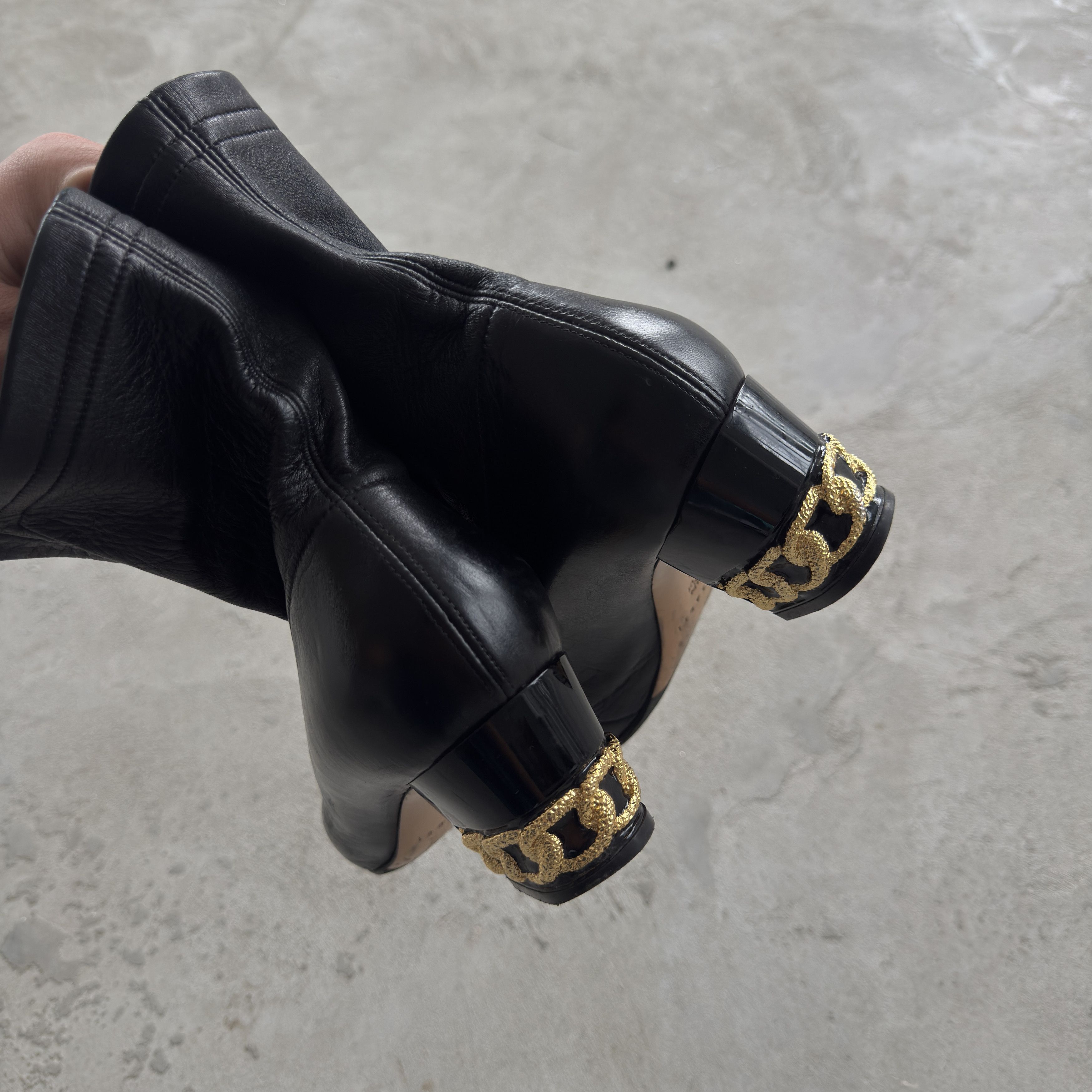 Casadei Vintage 90s Casadei Black Leather Front-Zip Boots Gold Chain Size US 8 / IT 38 - 4 Thumbnail