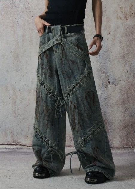 Japanese Brand × Vintage Avant garde paint splash dirty wash lace-up punk jeans Size US 32 / EU 48 - 2 Thumbnail