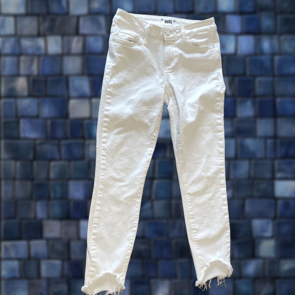 Paige Paige Verdugo Crop Jeans White Denim Slim 24 Womens USA Cropped Distressed Logo Button Zip Inseam 25 Size 42" / US 20 - 1 Thumbnail