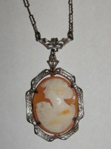 Other Art Deco Silver Necklace Shell Cameo Pendant Woman's Profile Size ONE SIZE - 2 Thumbnail