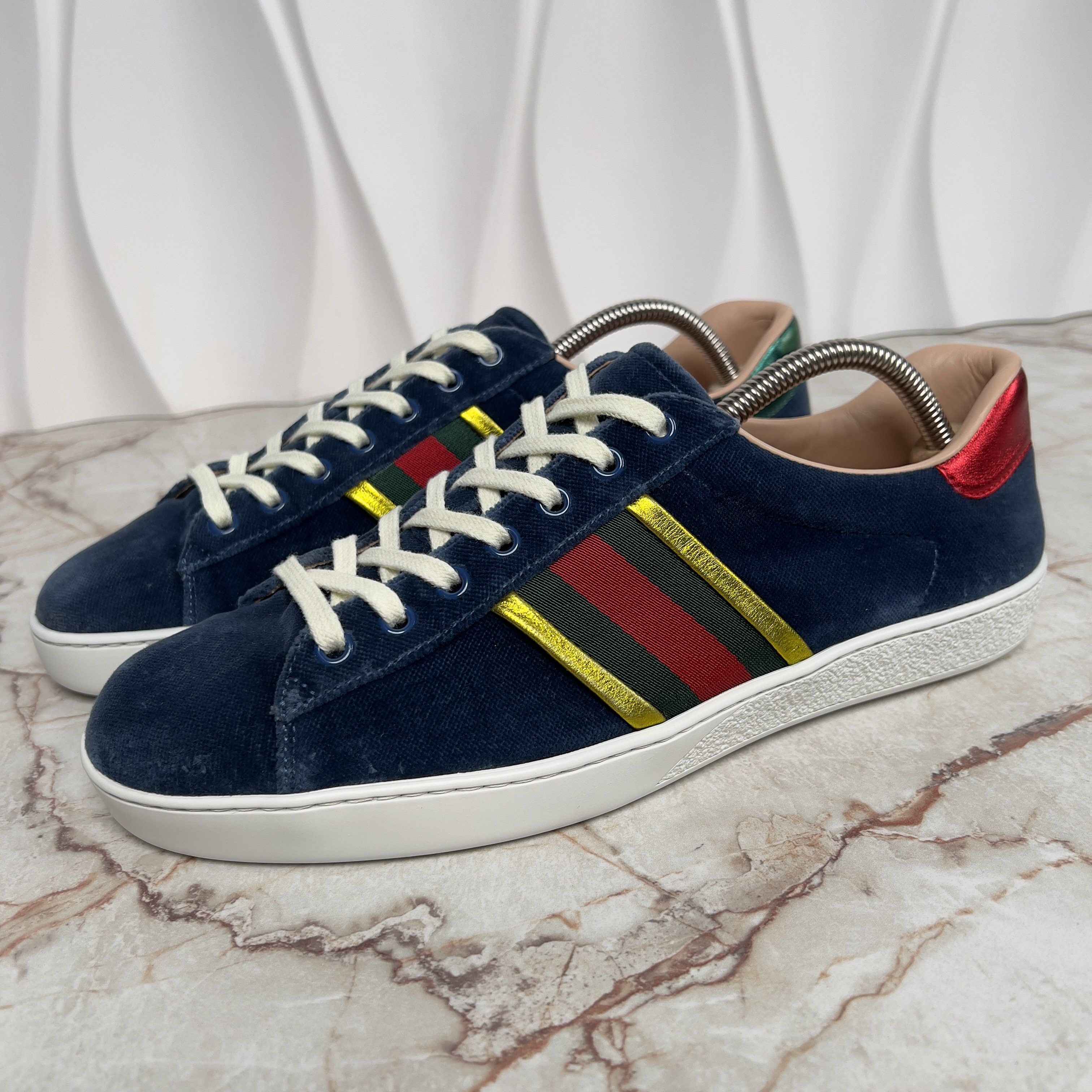 Ace Web Low Top Sneakers Gold Trim Blue Velour