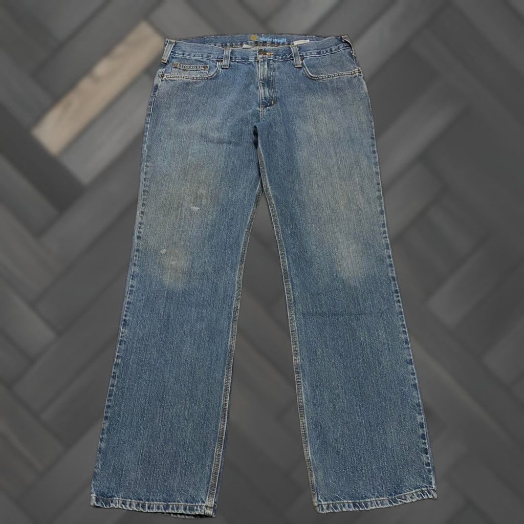 Carhartt Carhartt Jeans Men 36x34 Relaxed Straight Denim Blue Cotton Workwear 5-Pocket Zipper Button Logo Distressed Nicaraguan Spring Summer Fall Winter Mens Size US 36 / EU 52 - 1 Thumbnail