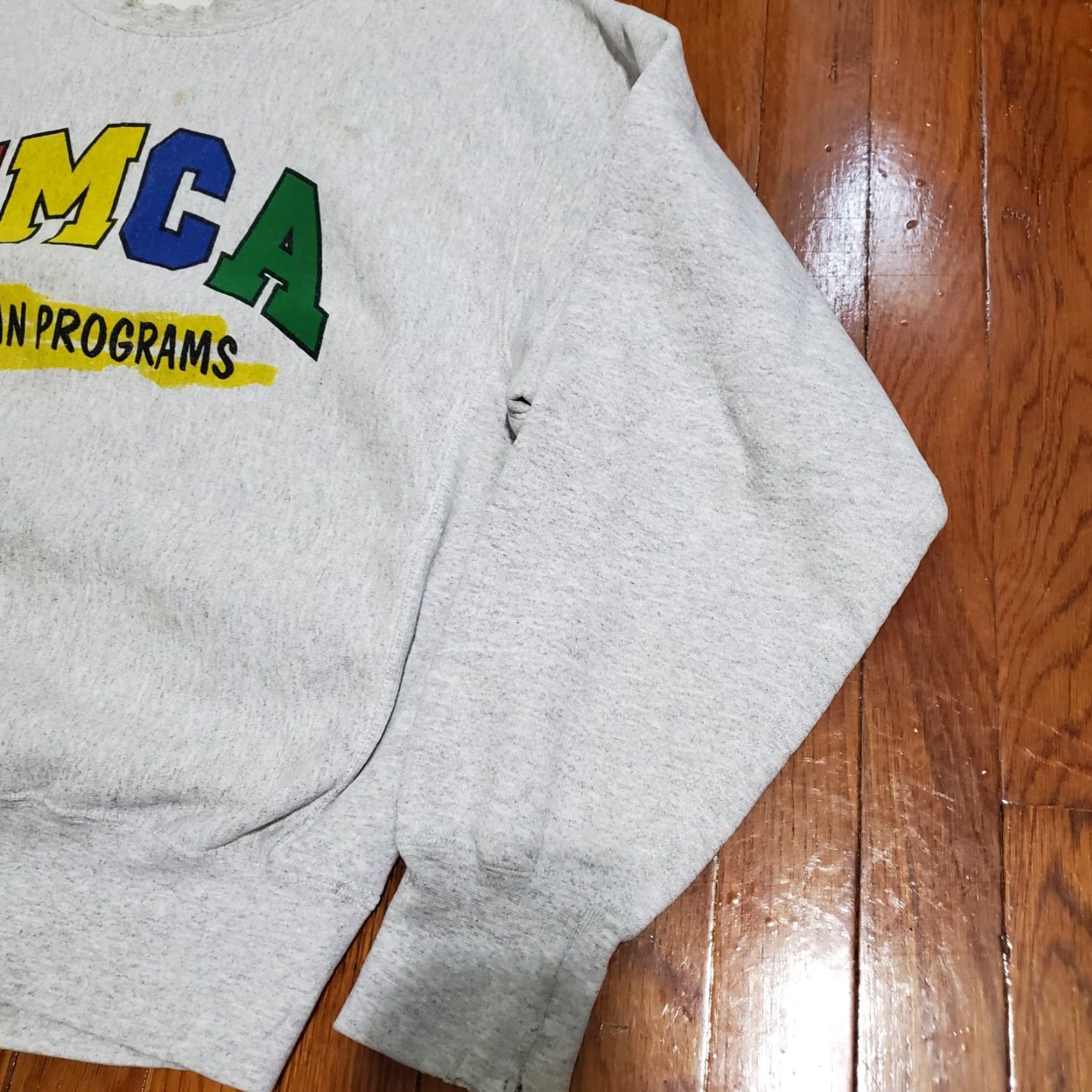 Lee VINTAGE Sweatshirt 1990s YMCA Gray Logo Sz L Rare Thrashed Distressed Stained Size US L / EU 52-54 / 3 - 3 Thumbnail