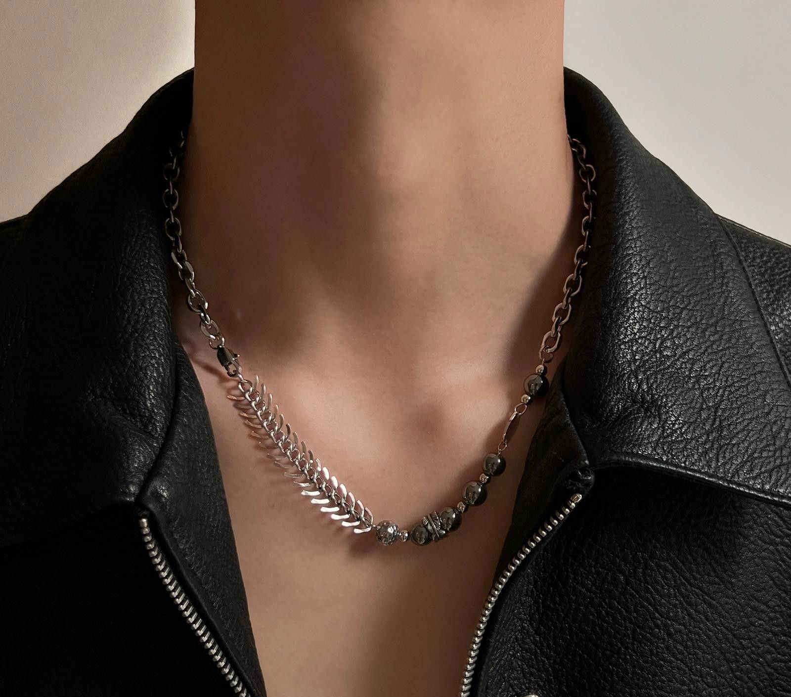 Jewelry Silver Chain Men's Necklace with Beaded and Leaf Design Size ONE SIZE - 3 Thumbnail