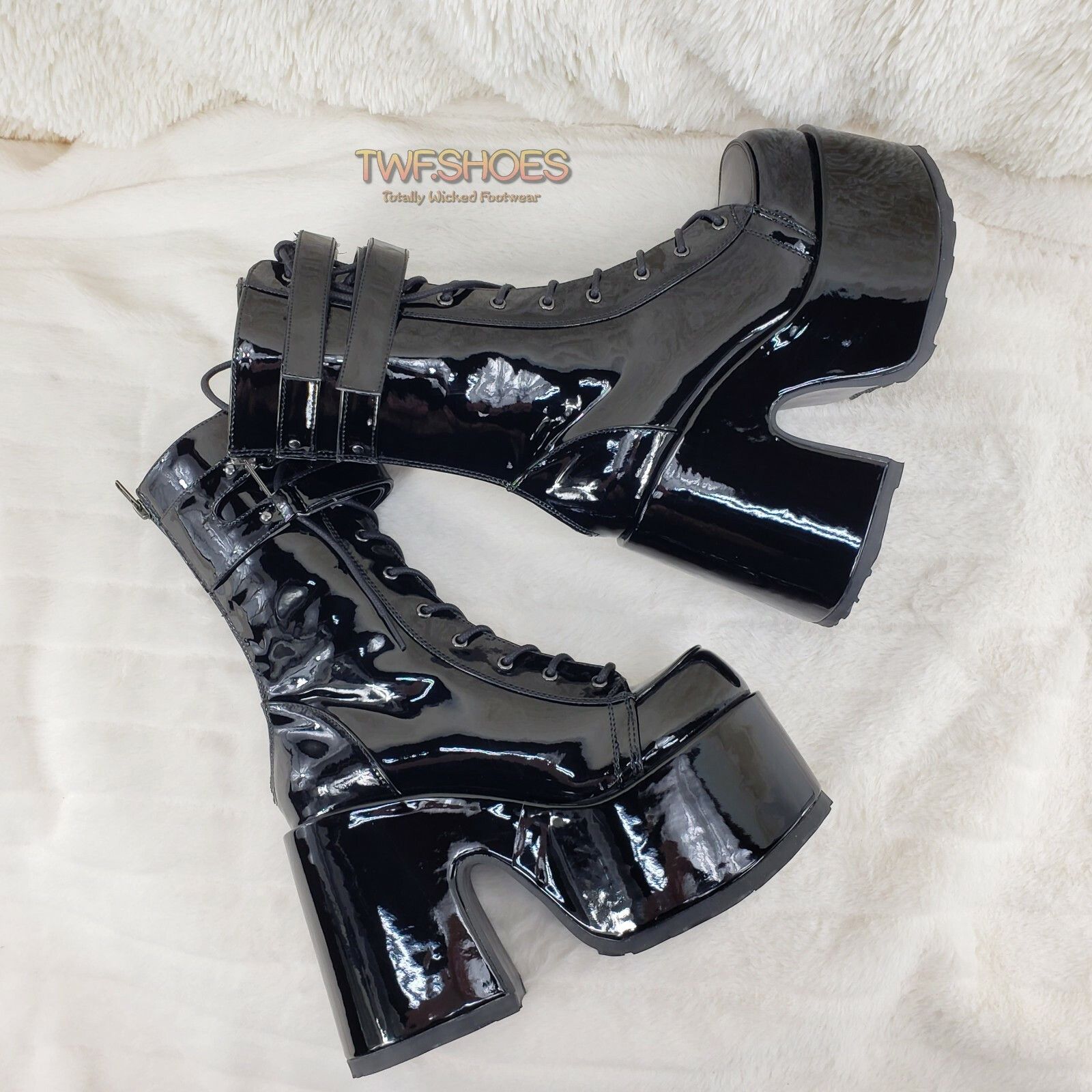 DEMONIA Camel 250 Stacked Black Patent Platform Goth Punk Ca